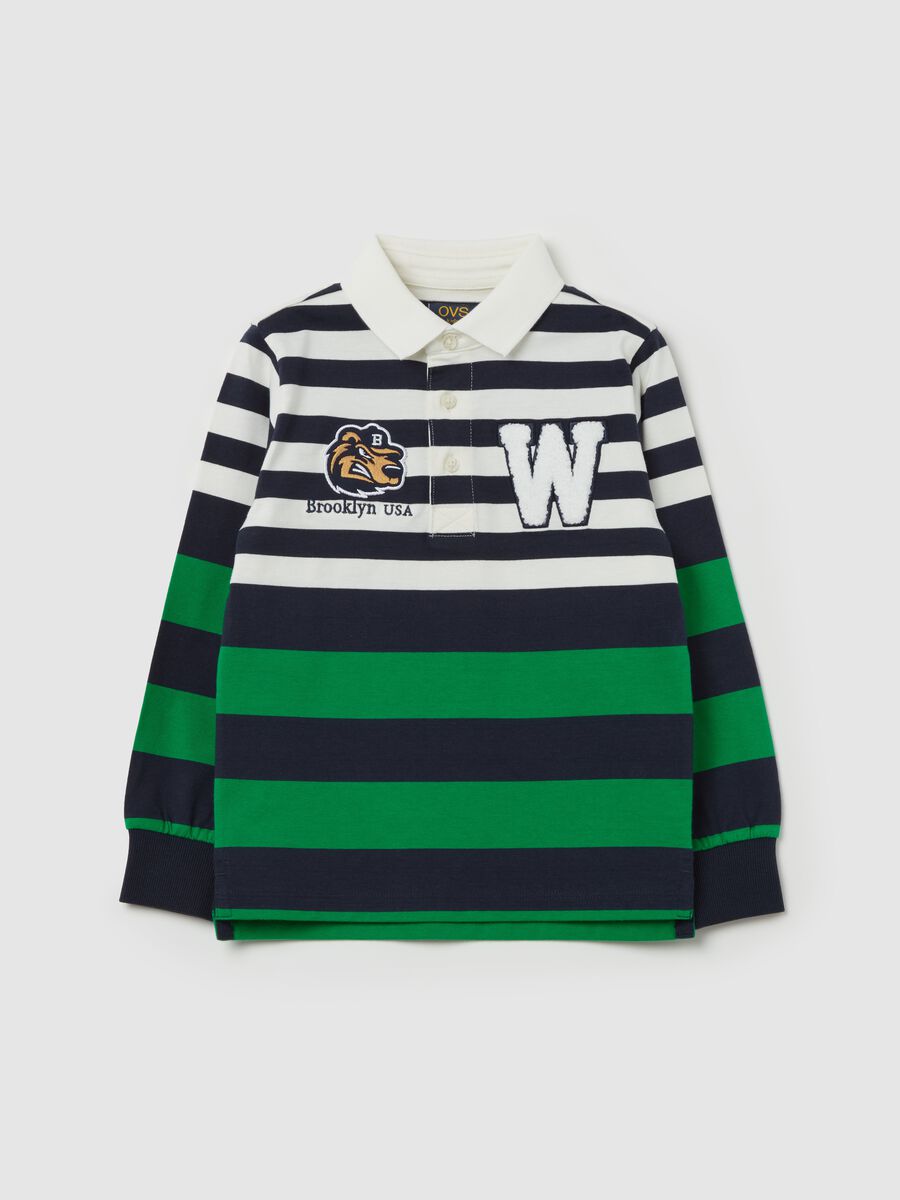 Polo shirt with long striped sleeves and bouclé patch_0