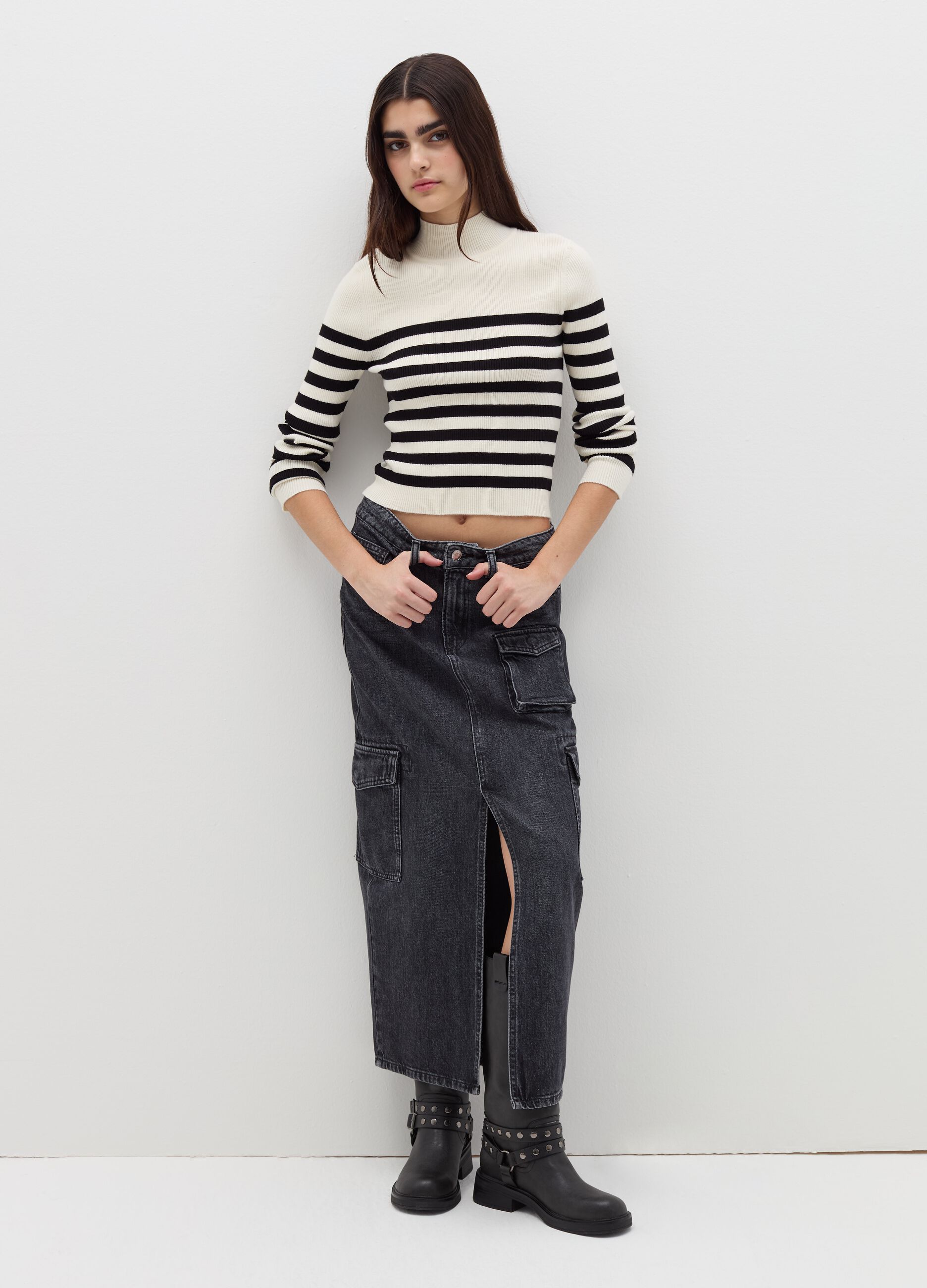 Pullover with striped mock neck