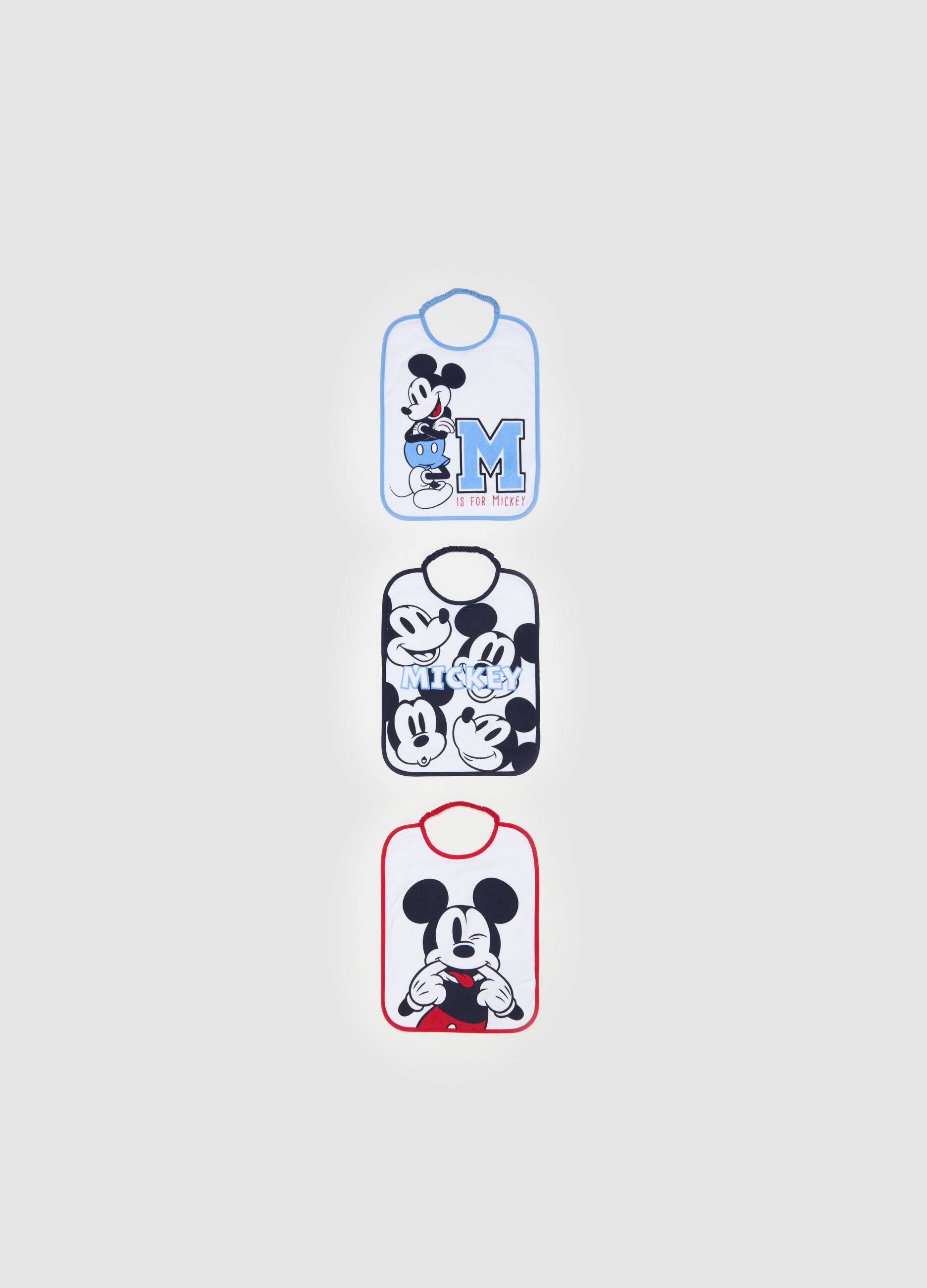 Three-pack bibs with PEVA backing and Mickey Mouse print