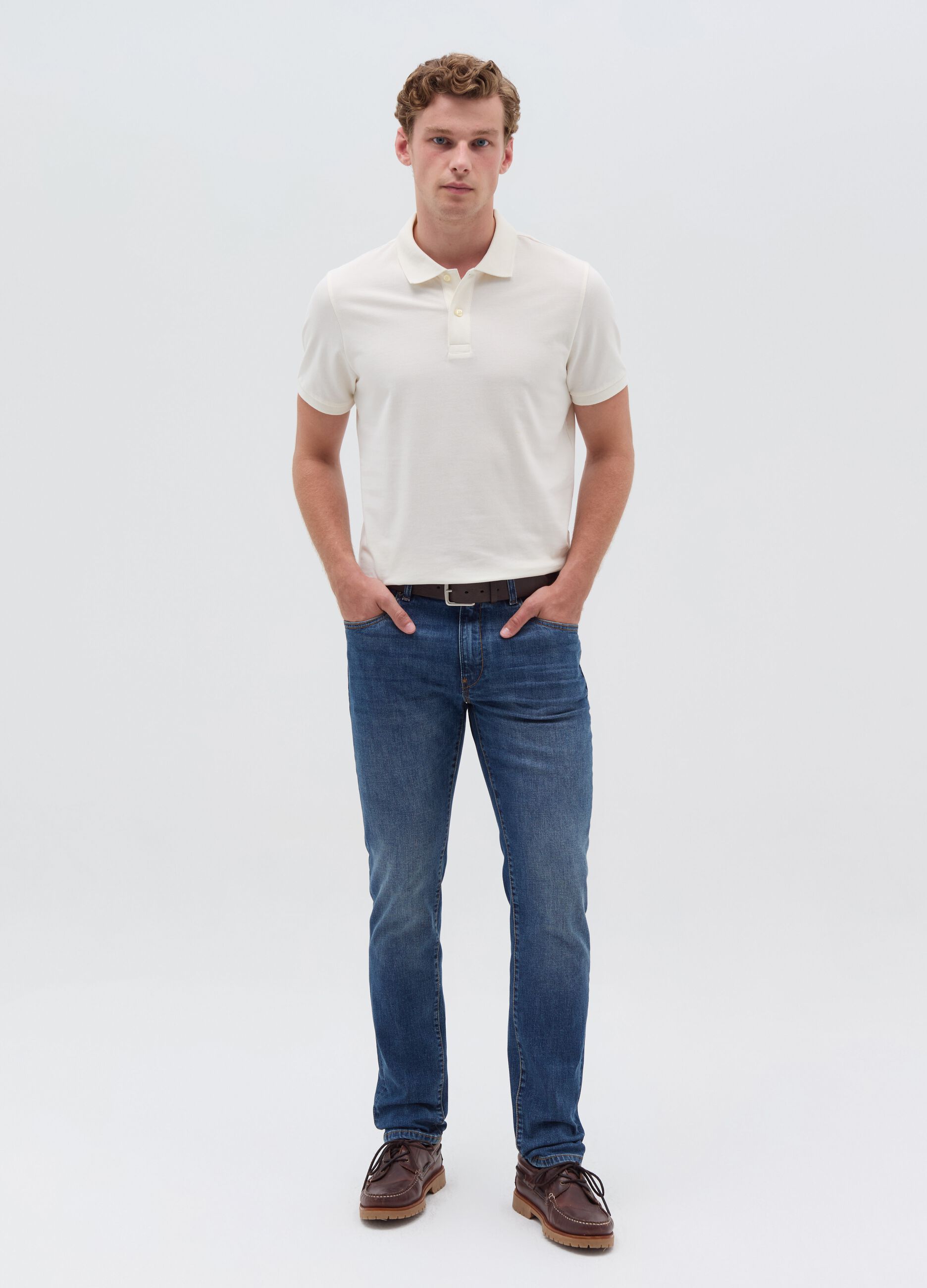 Slim-fit cross-hatch cotton jeans