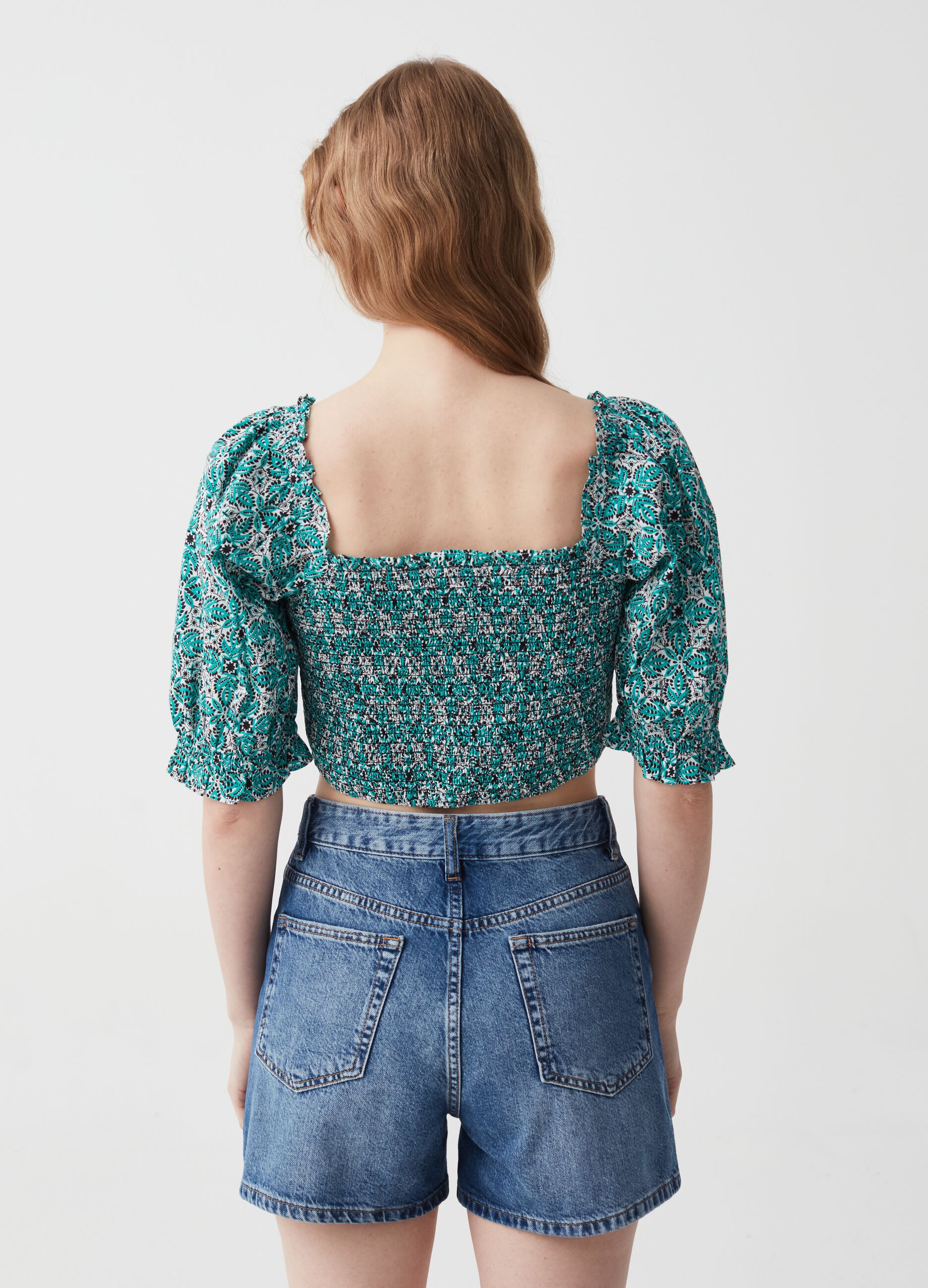 Crop top with smock stitch and paisley print
