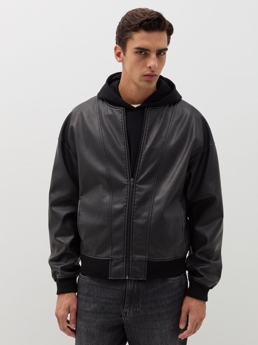 Glossy-effect biker bomber jacket_1