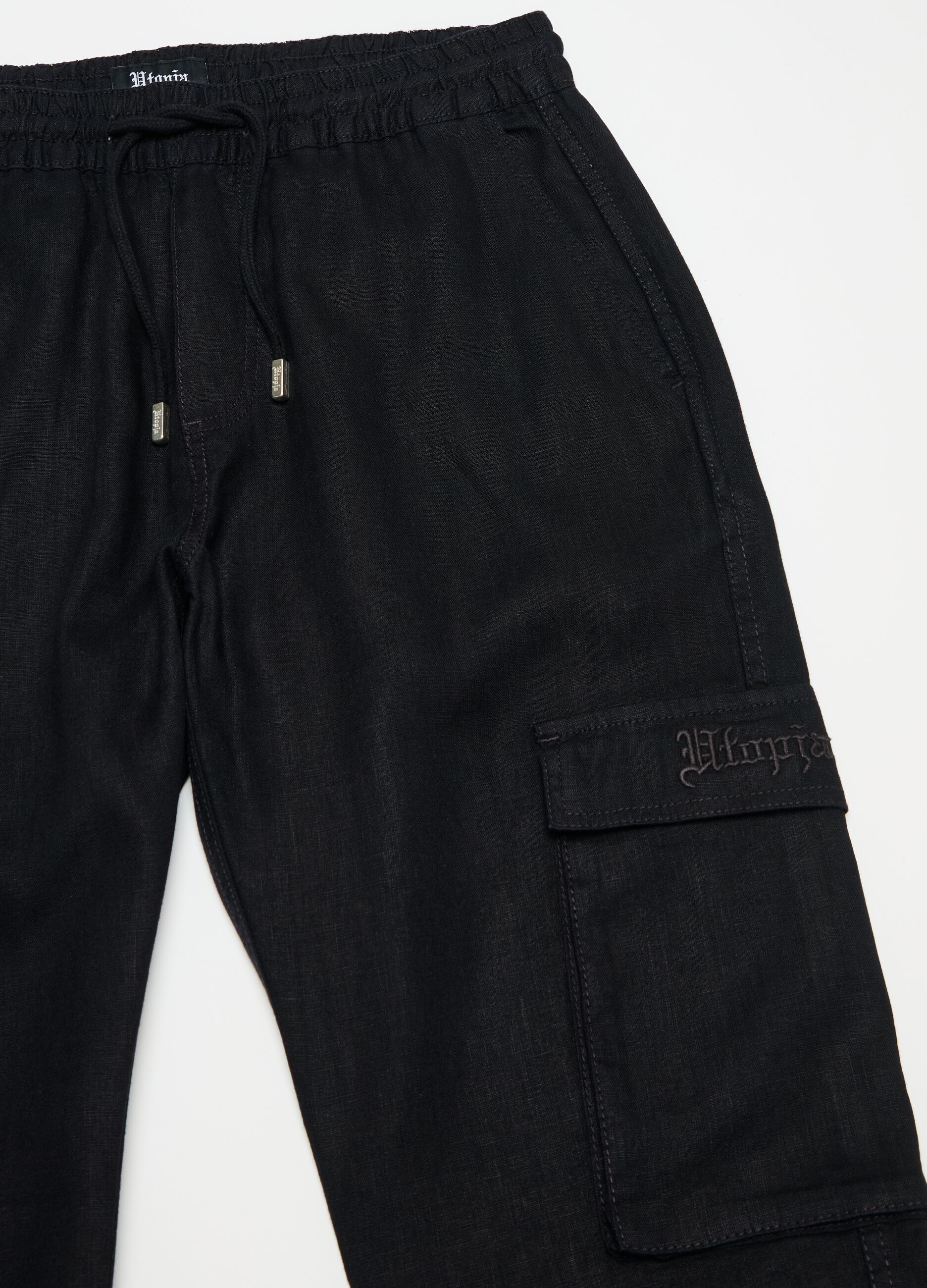 100% Linen Cargo Trousers Black