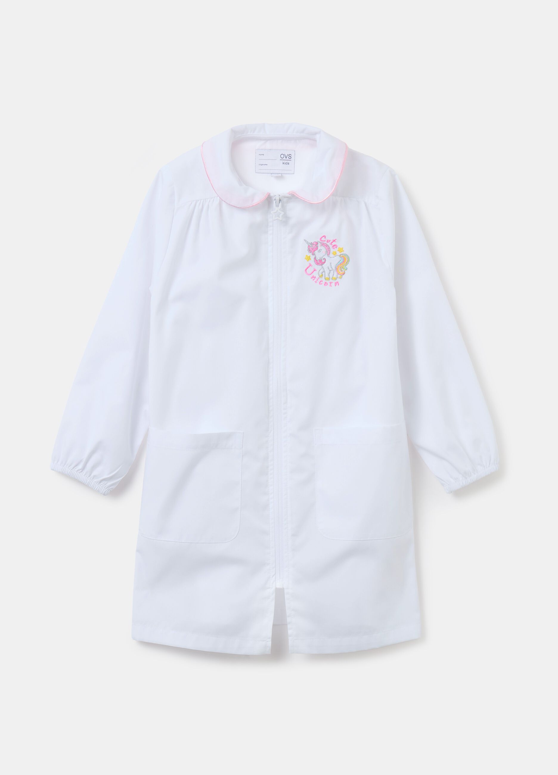 School smock with embroidered unicorn and zip