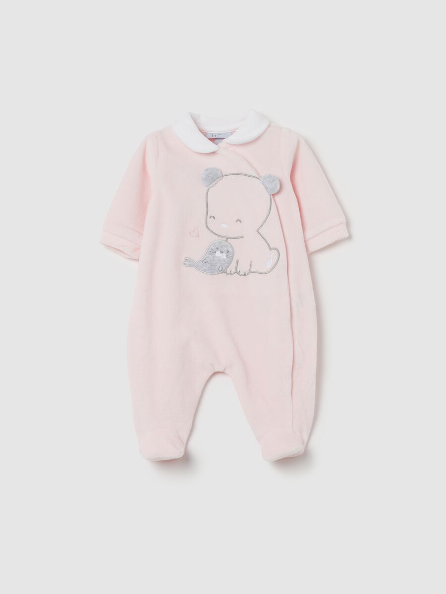 Velour onesie with feet and animals embroidery_0