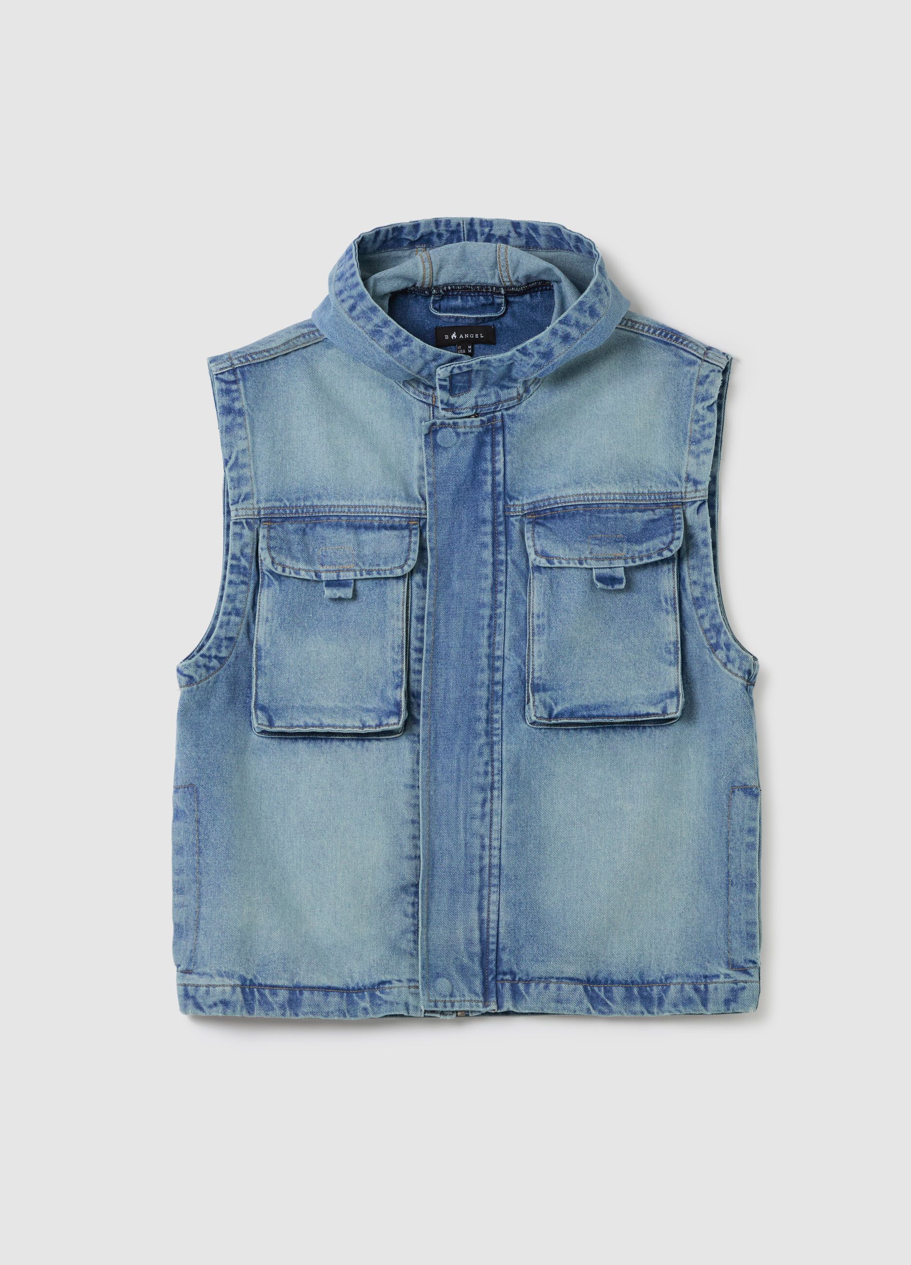 Denim gilet with hood