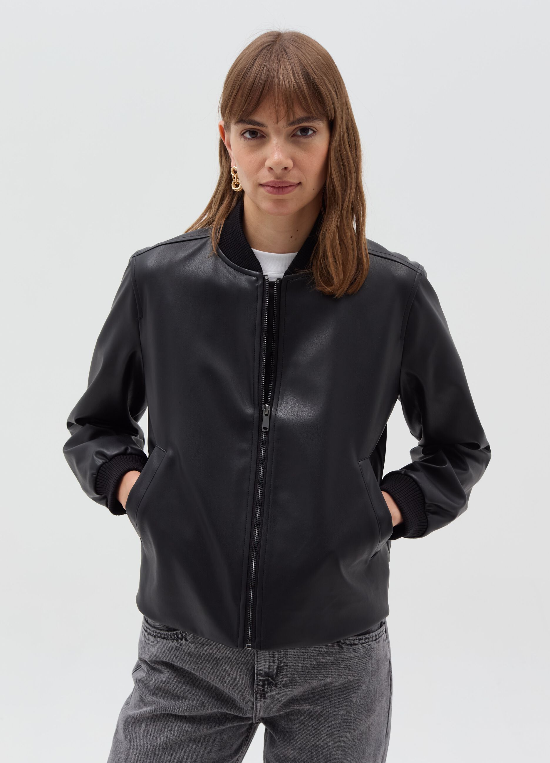 Glossy-effect bomber jacket with zip