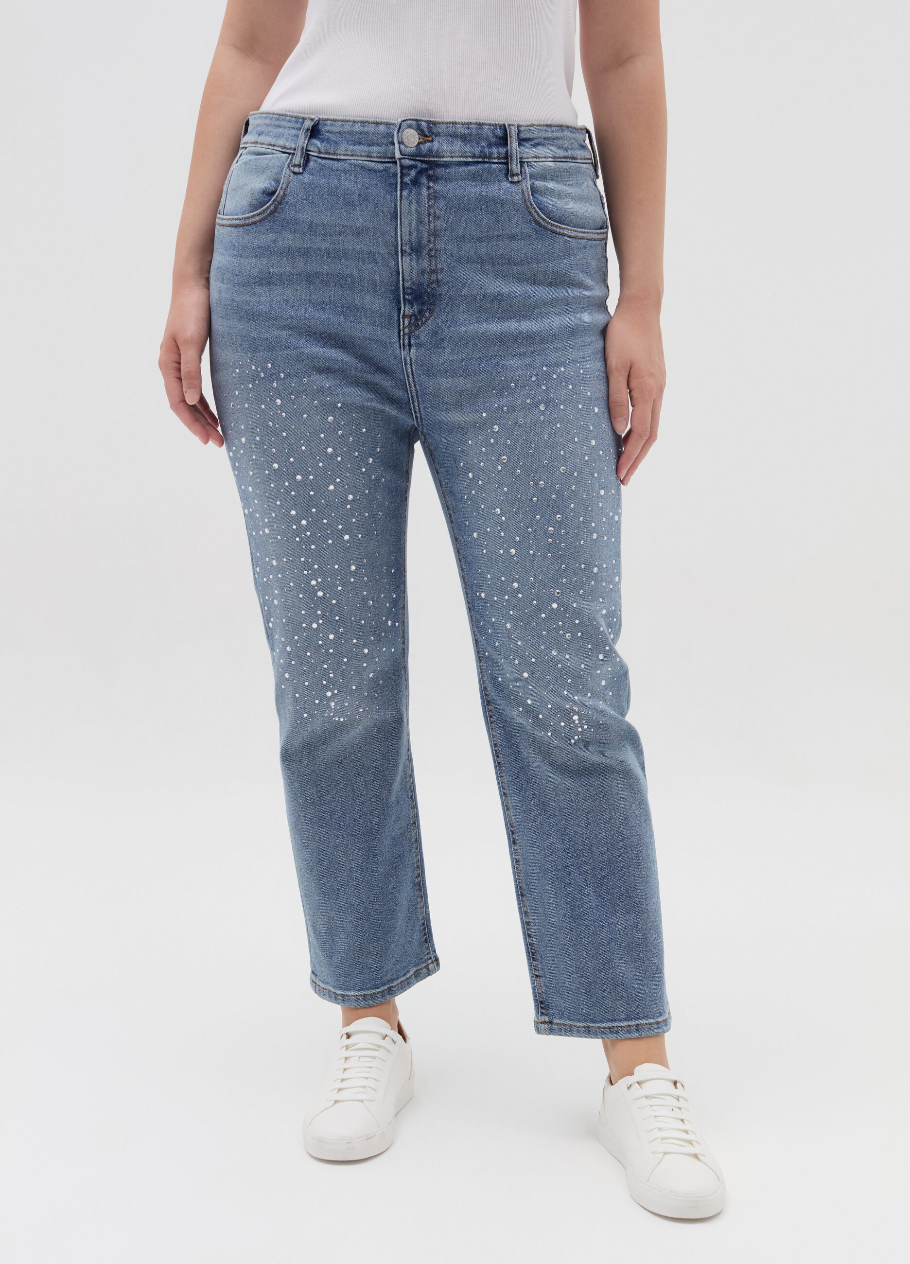 Jeans cropped fit con strass Curvy