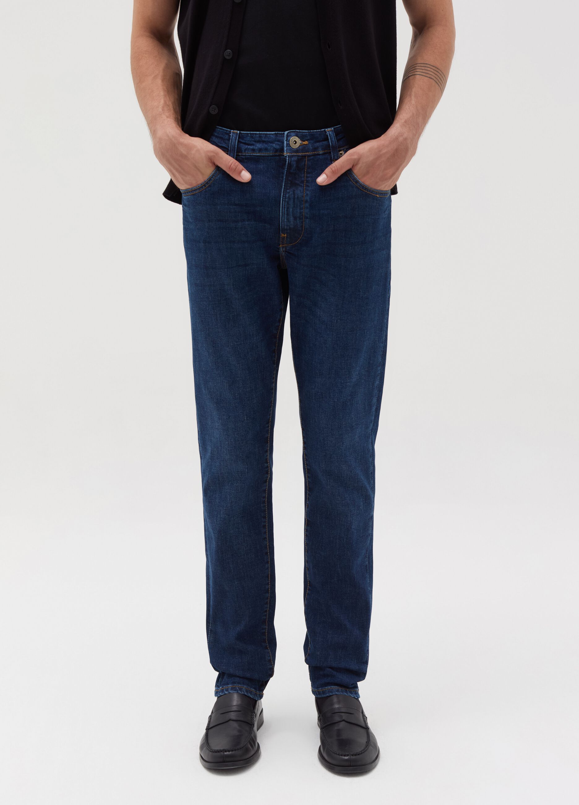 Slim-fit cross-hatch cotton jeans