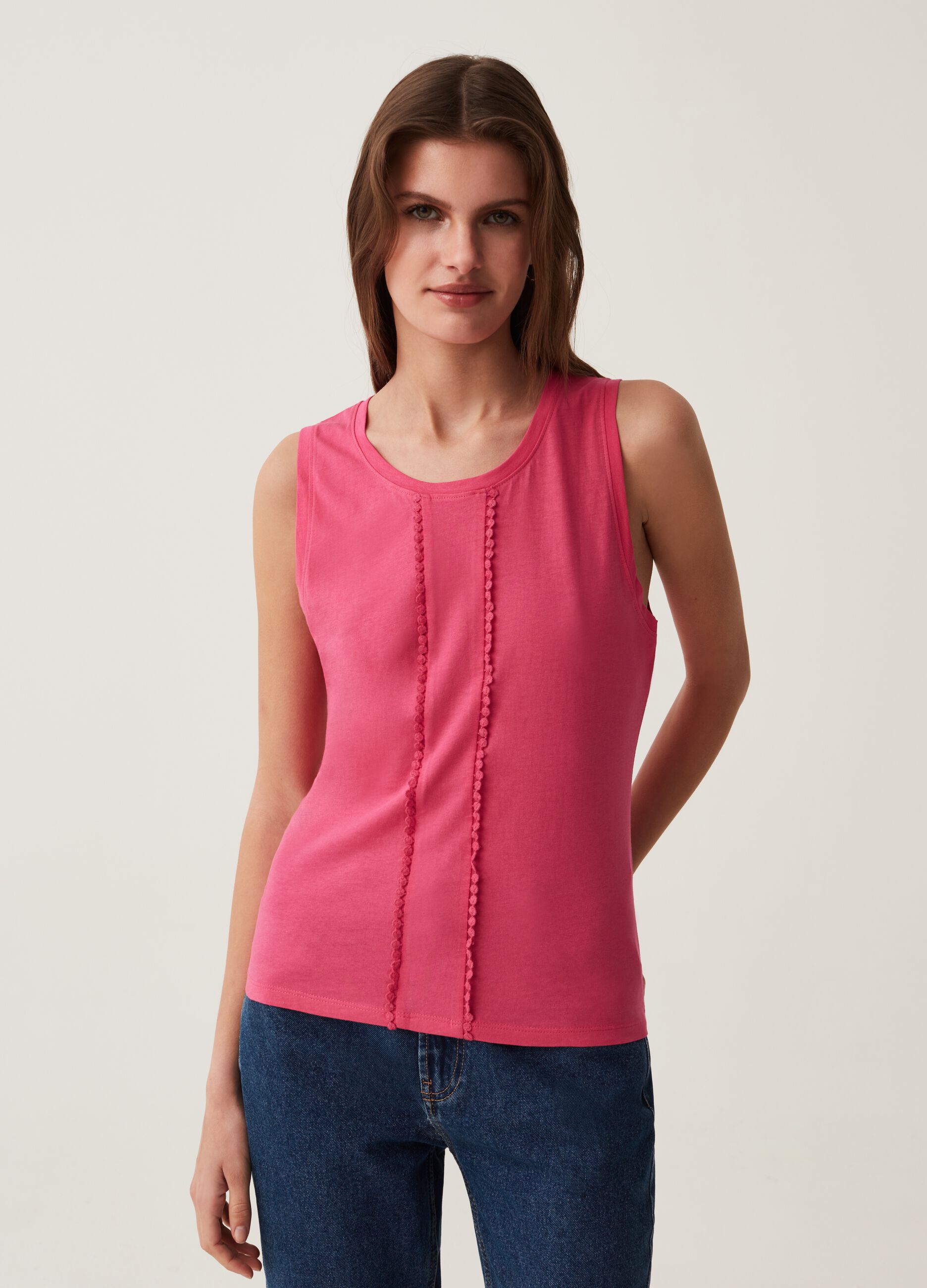 Cotton tank top with crochet trim