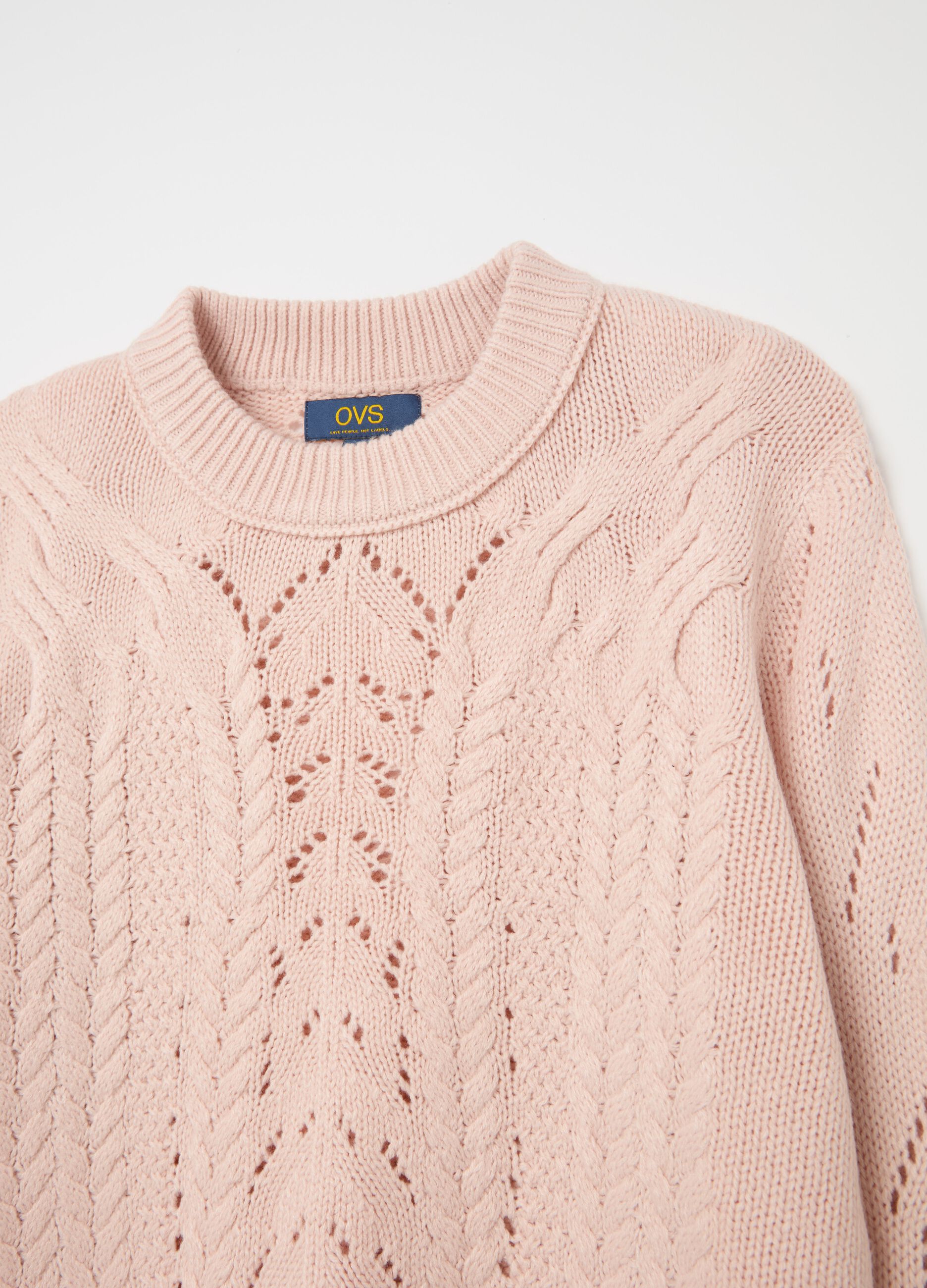 Cropped pointelle pullover with cable-knit design