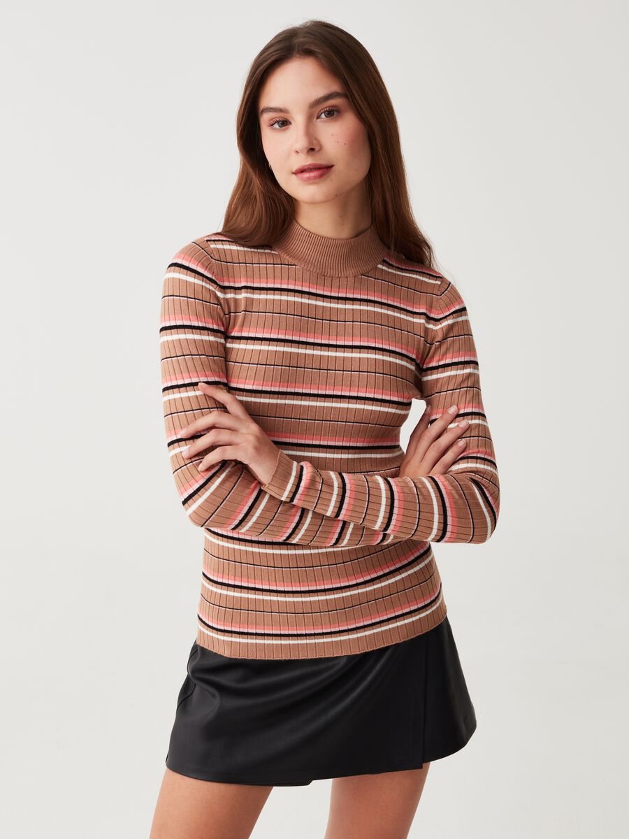 Multicoloured striped pullover with mock neck_0