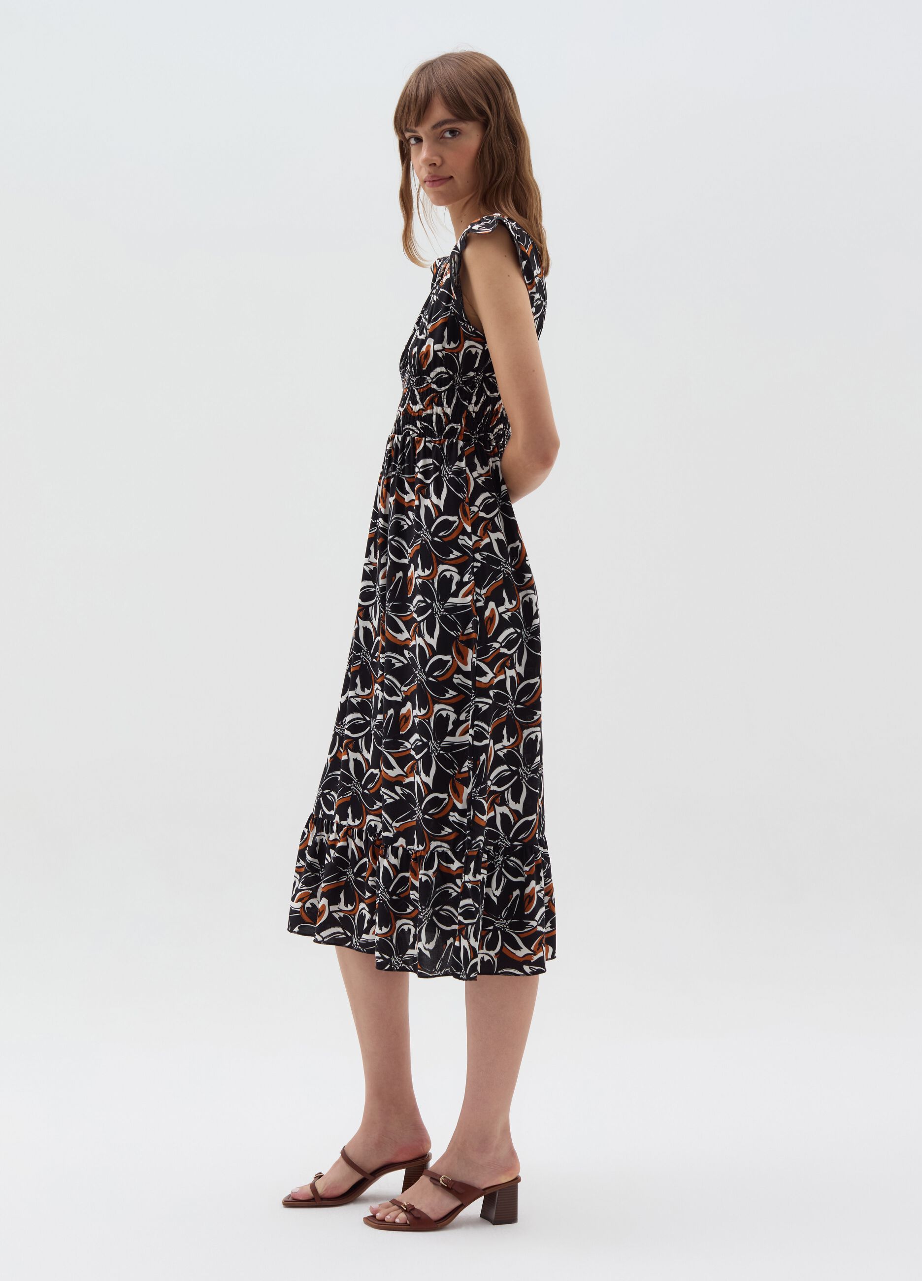 Long floral dress with smock stitch