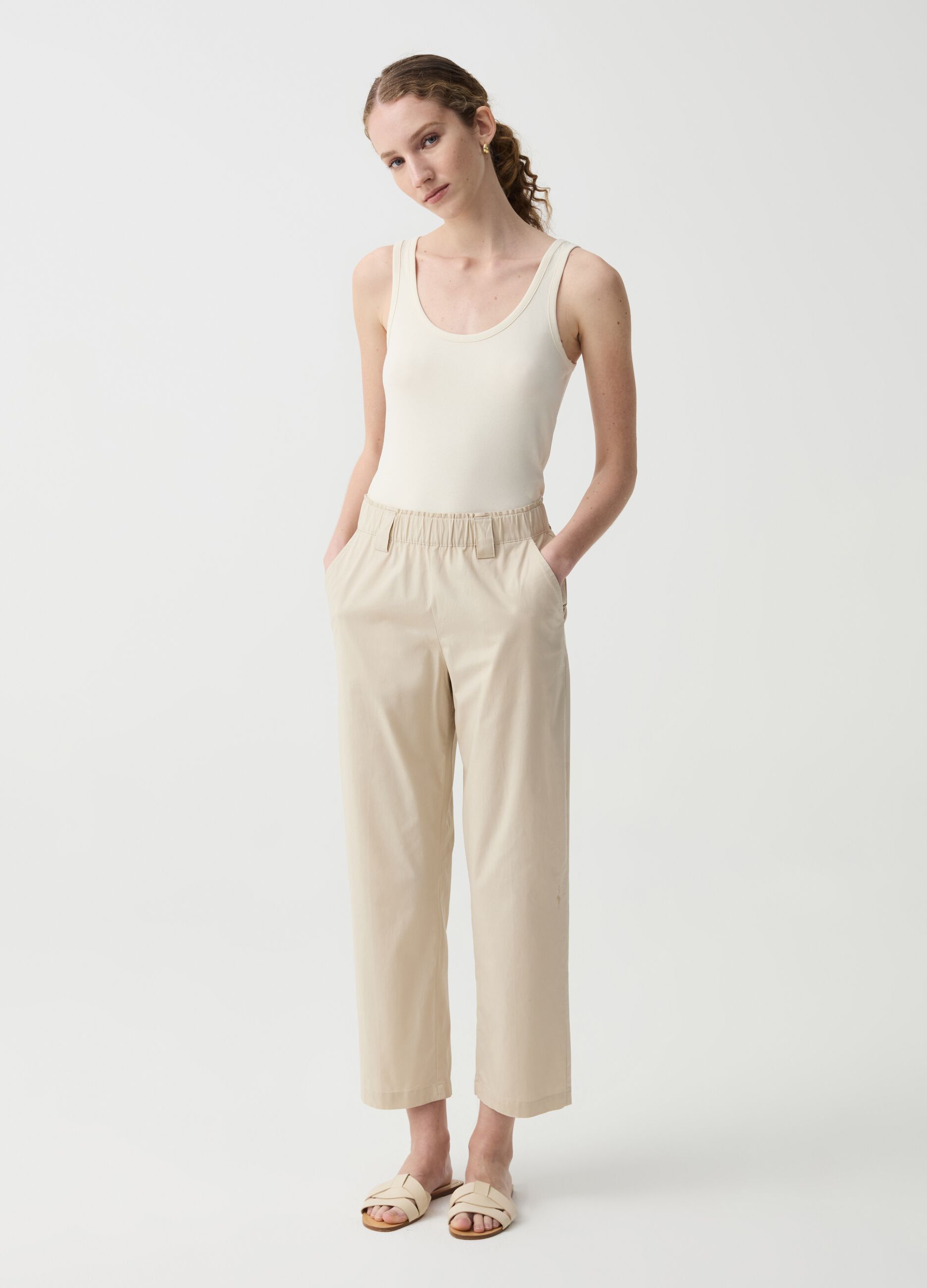 Wide-leg cropped trousers in stretch cotton