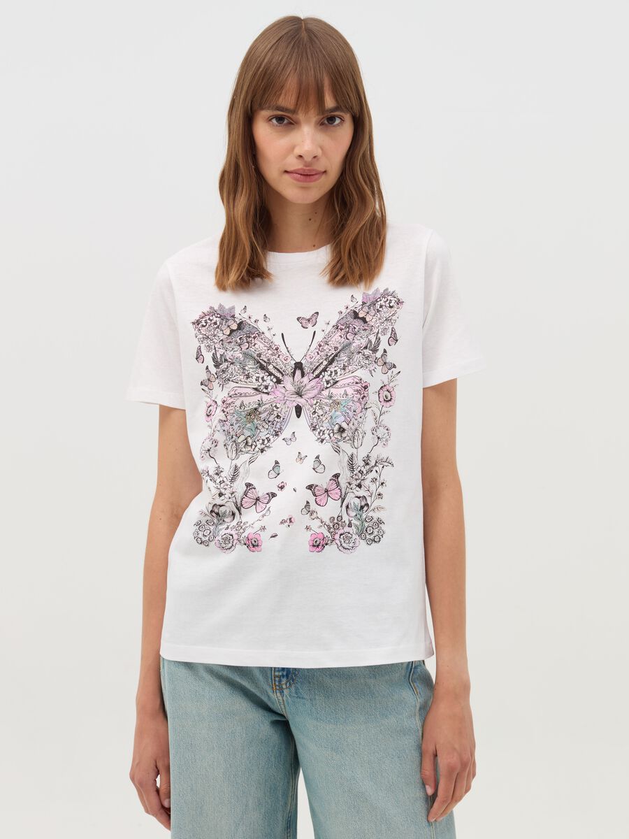 T-shirt with flowers and butterflies print_0