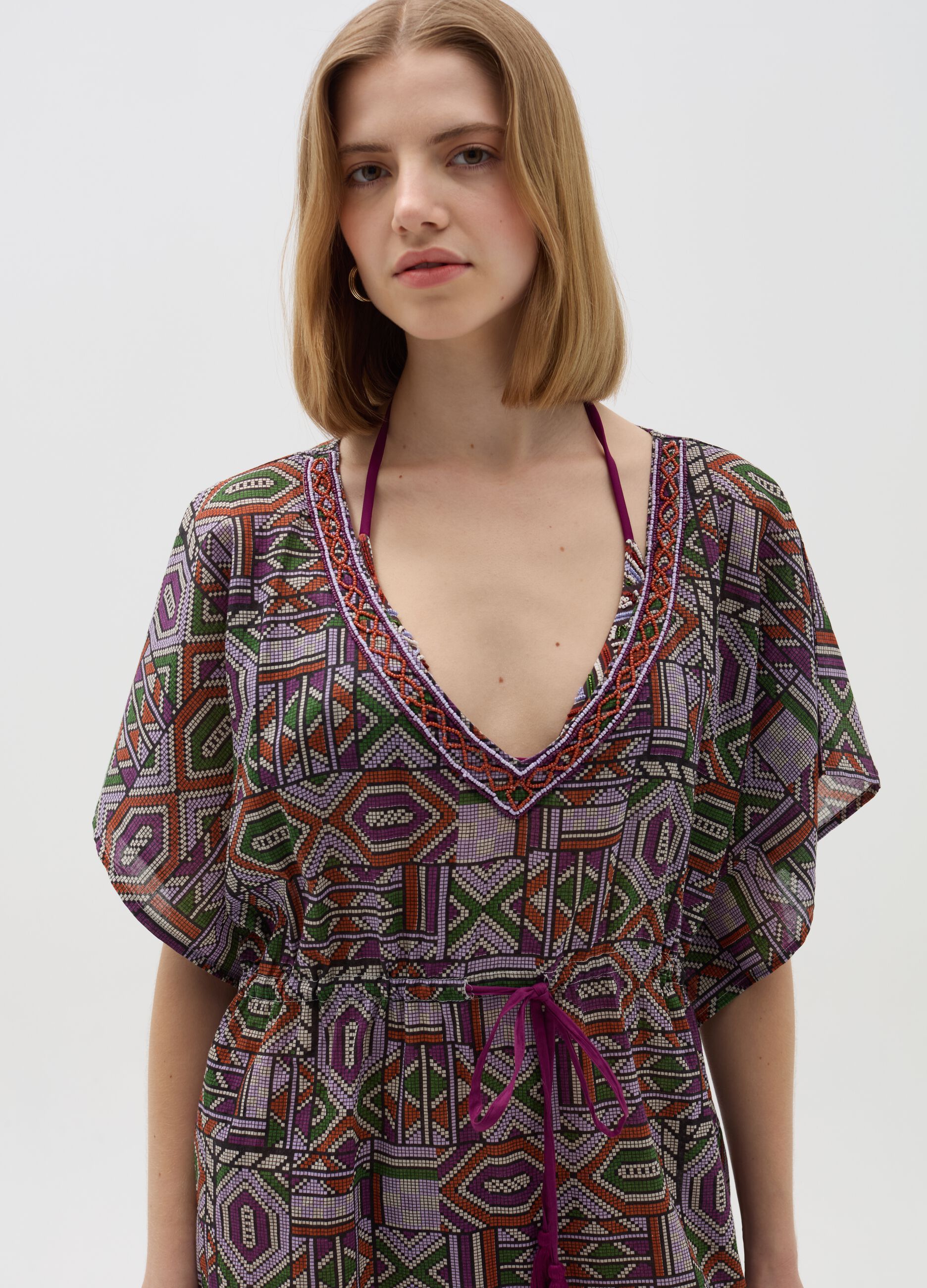 Beach cover-up poncho with beads and print