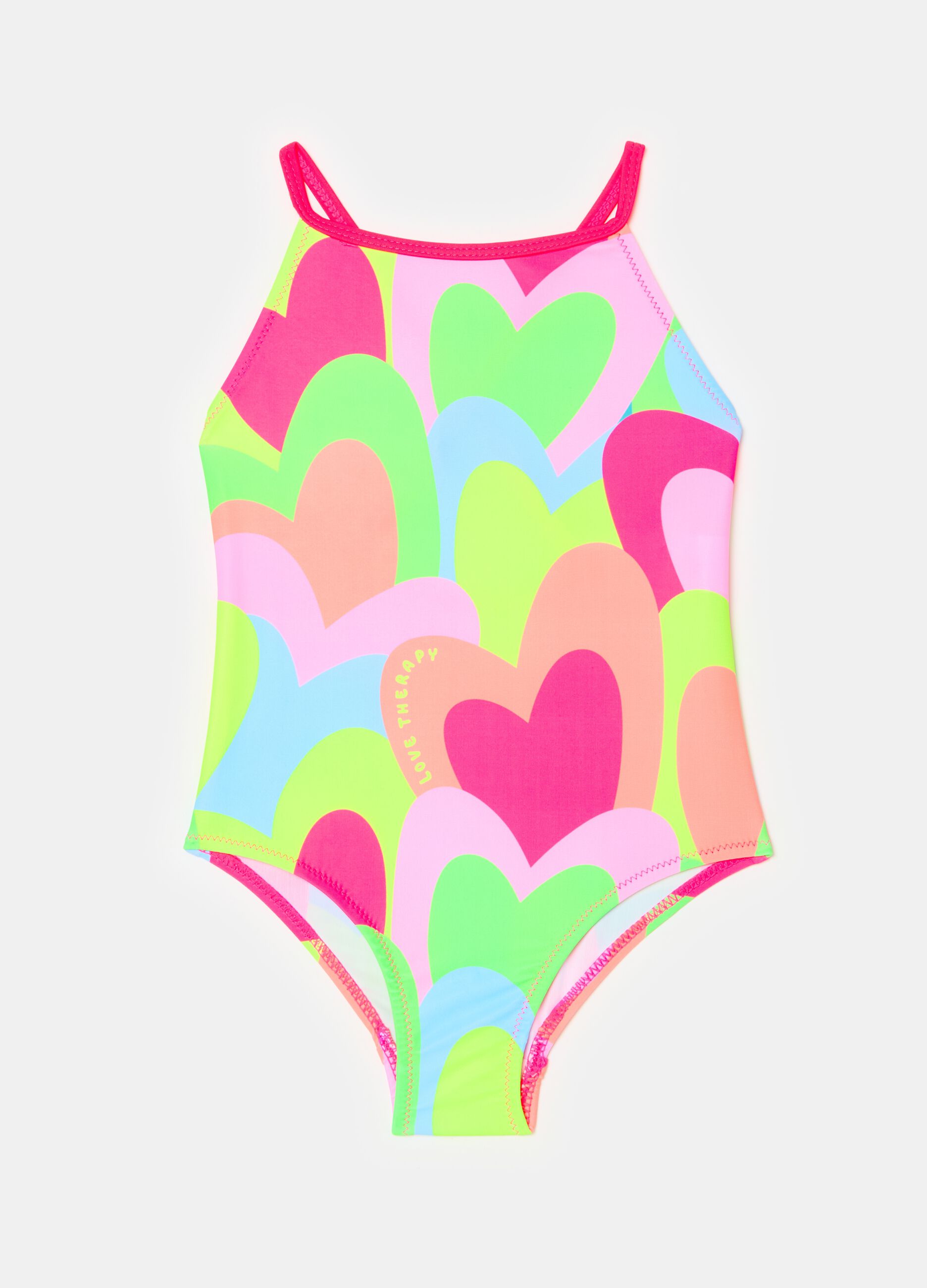 One-piece swimsuit with multicoloured hearts print