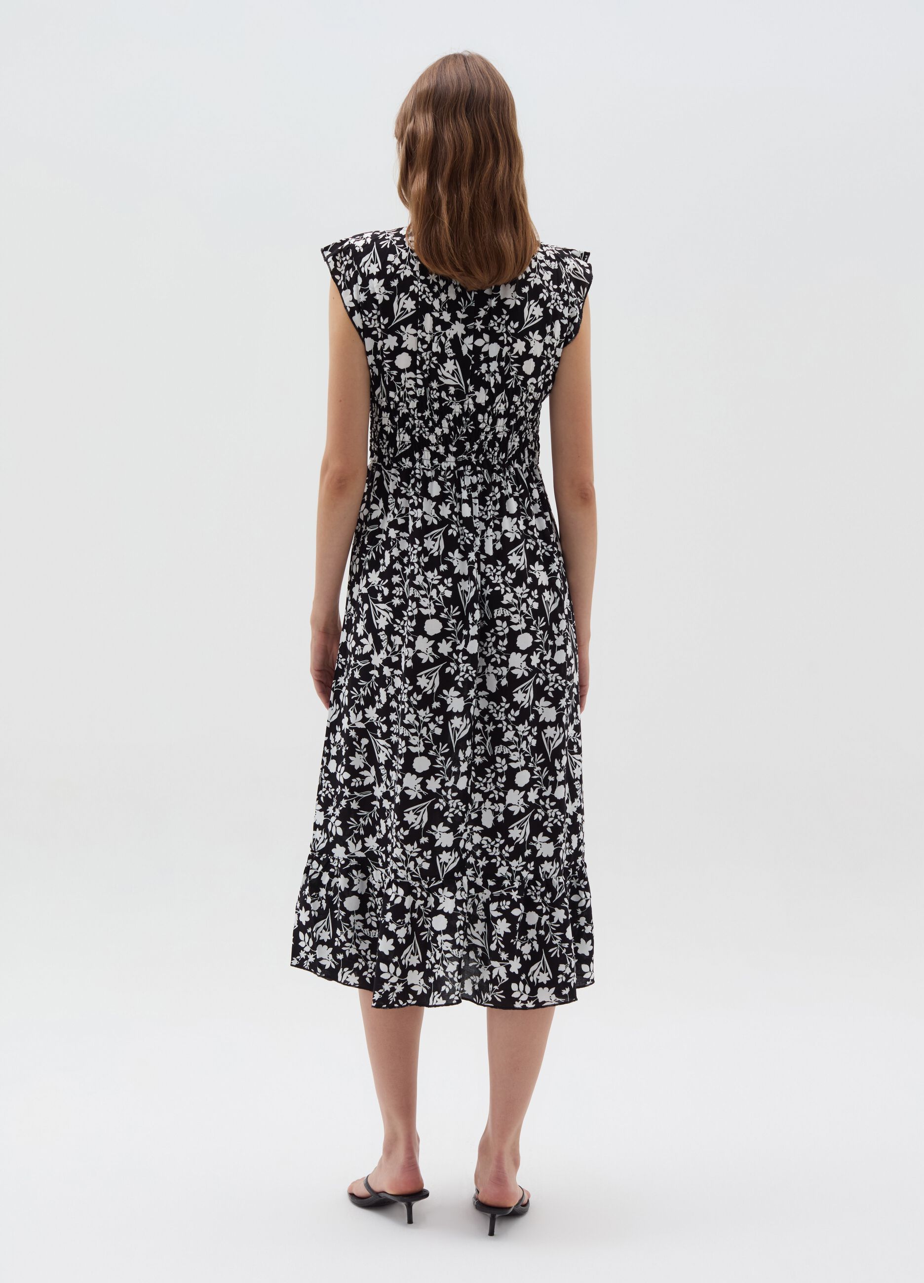 Long floral dress with smock stitch