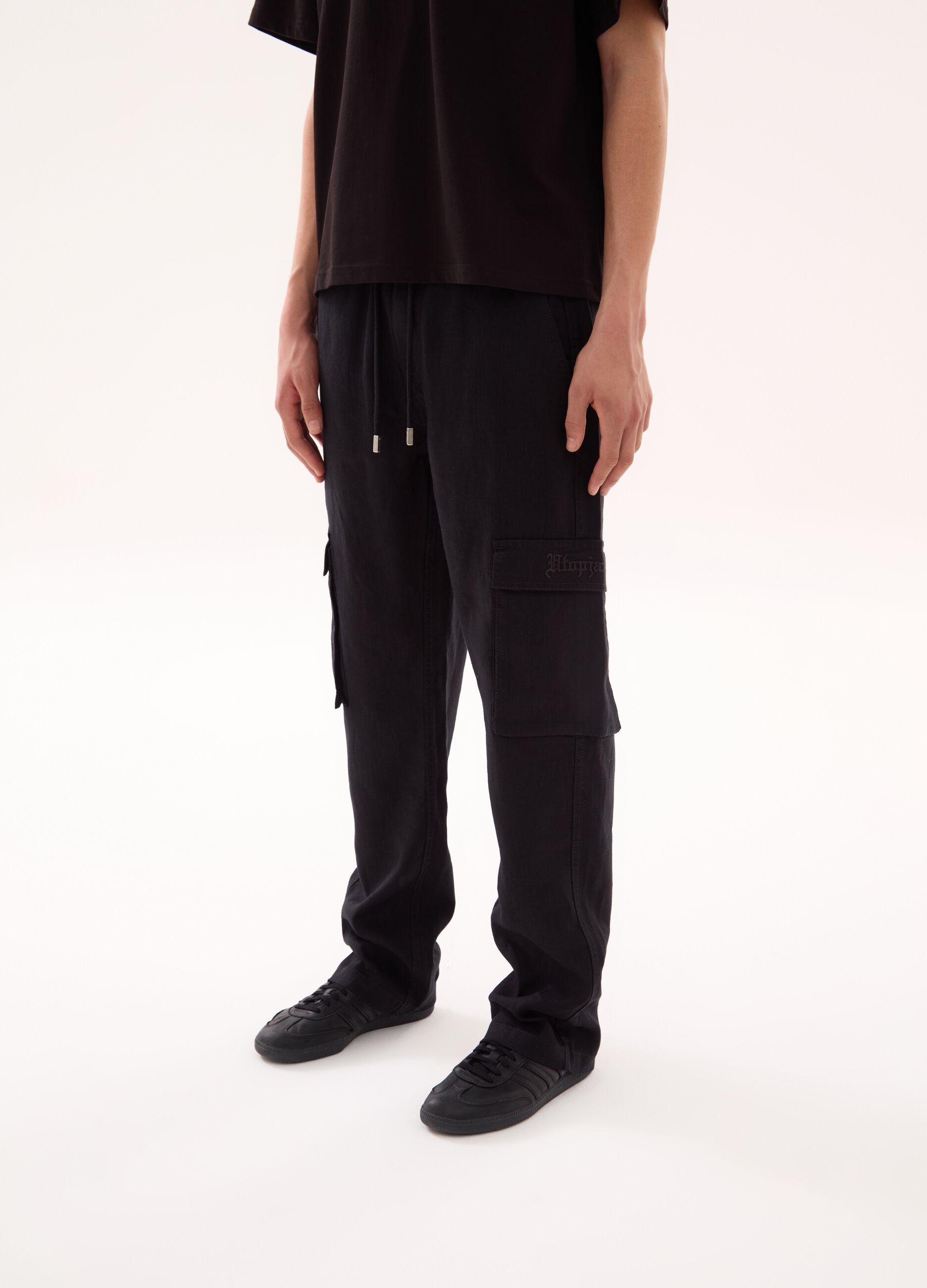 100% Linen Cargo Trousers Black