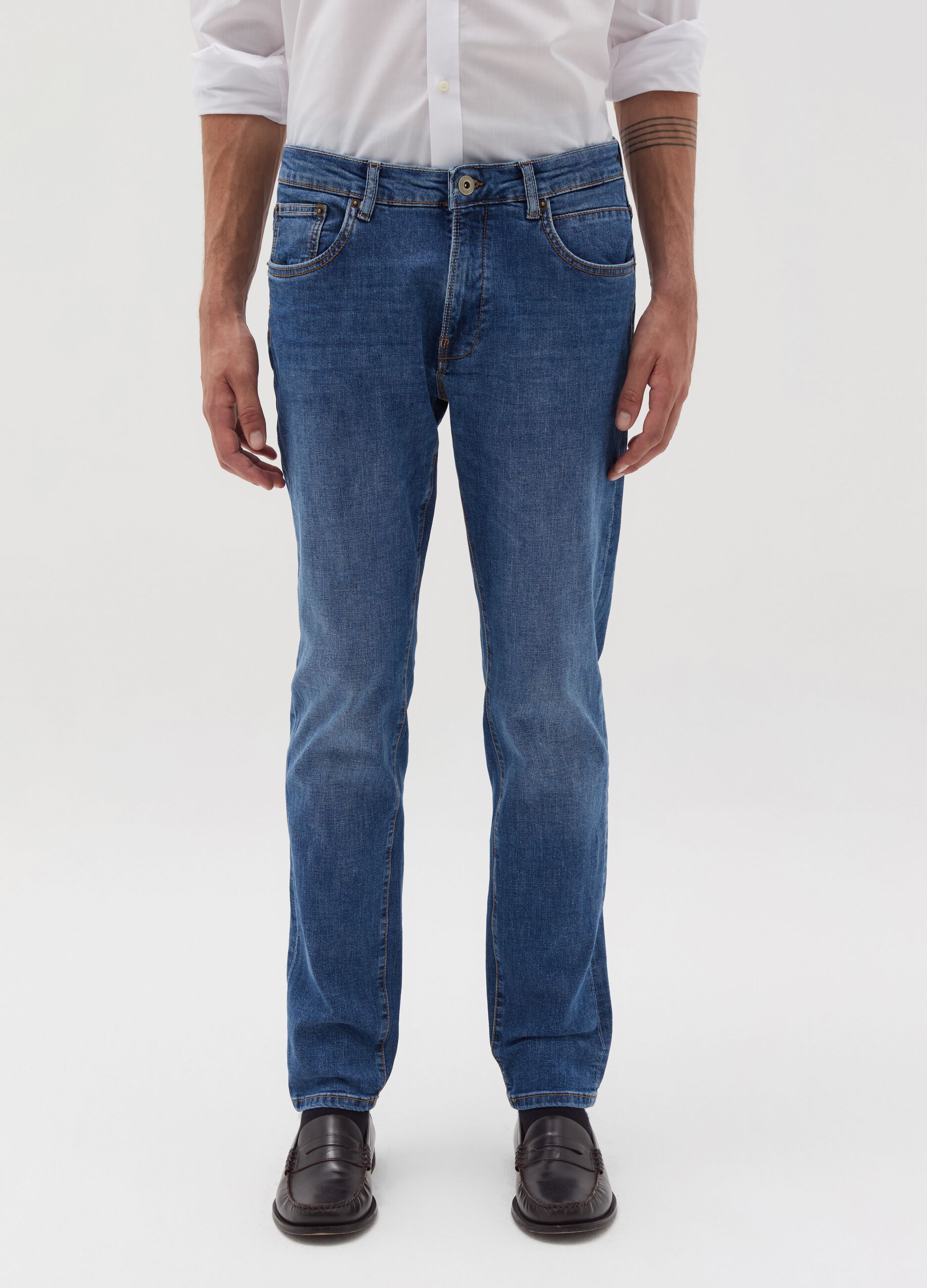 Slim-fit cross-hatch cotton jeans