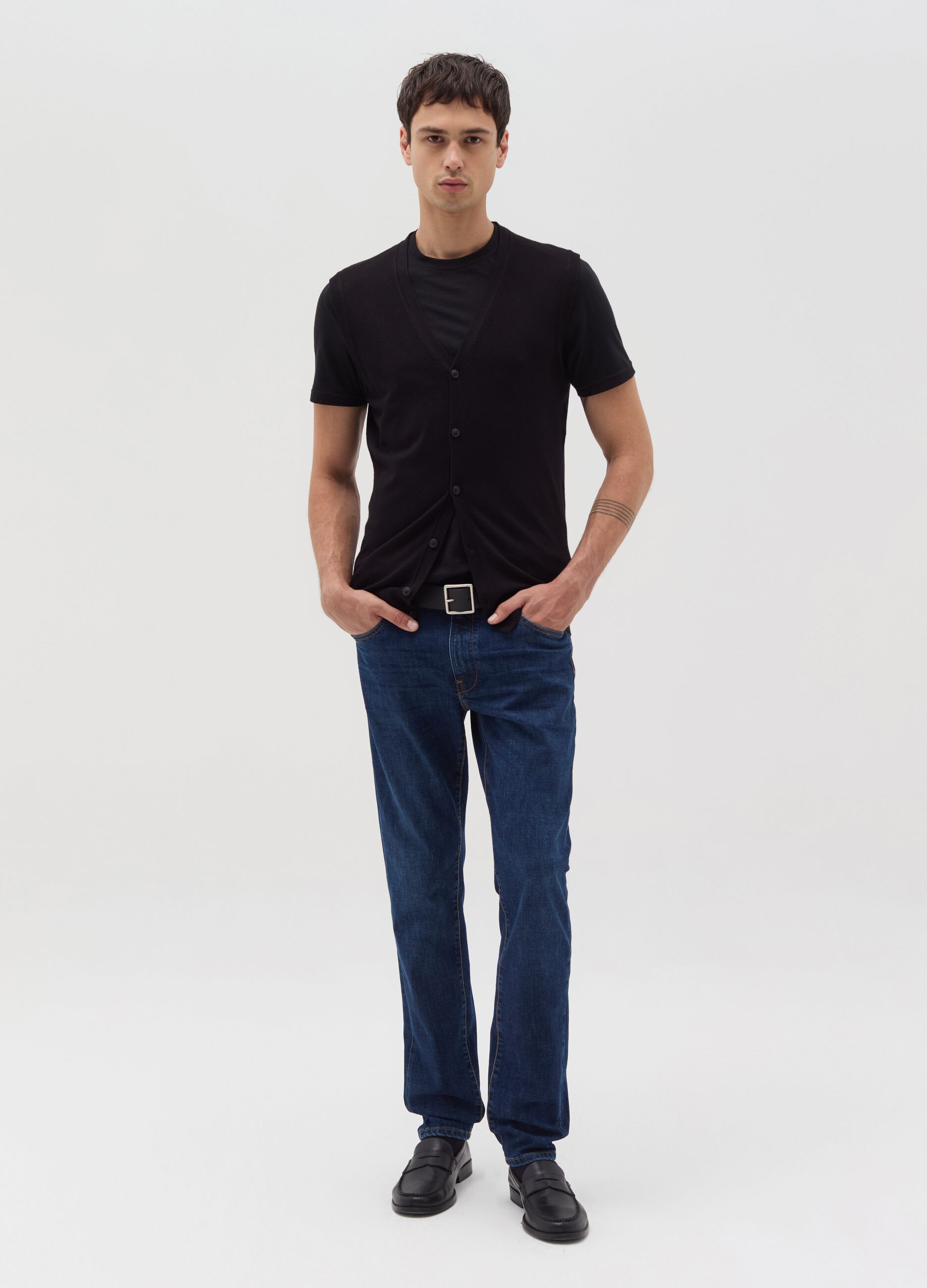 Slim-fit cross-hatch cotton jeans