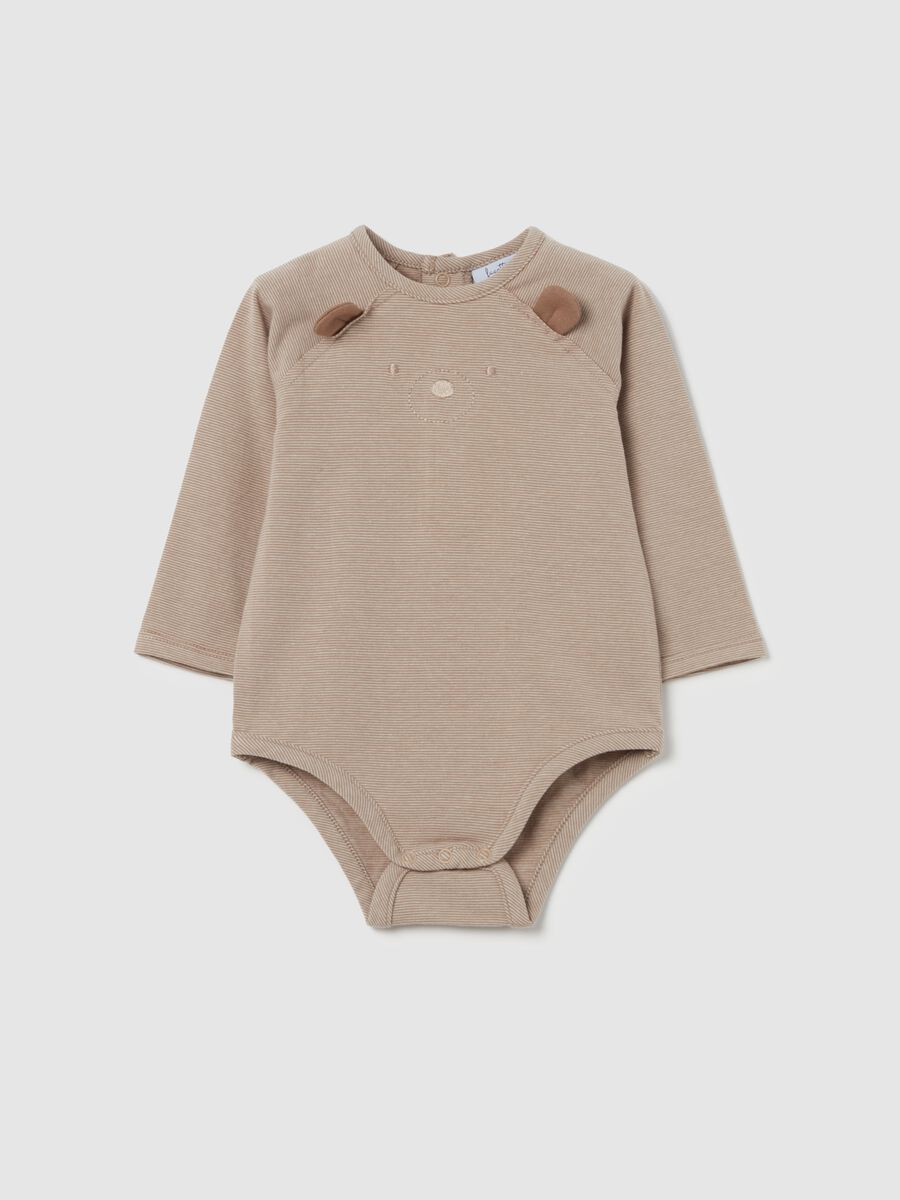 Striped organic cotton bodysuit with teddy bear_0