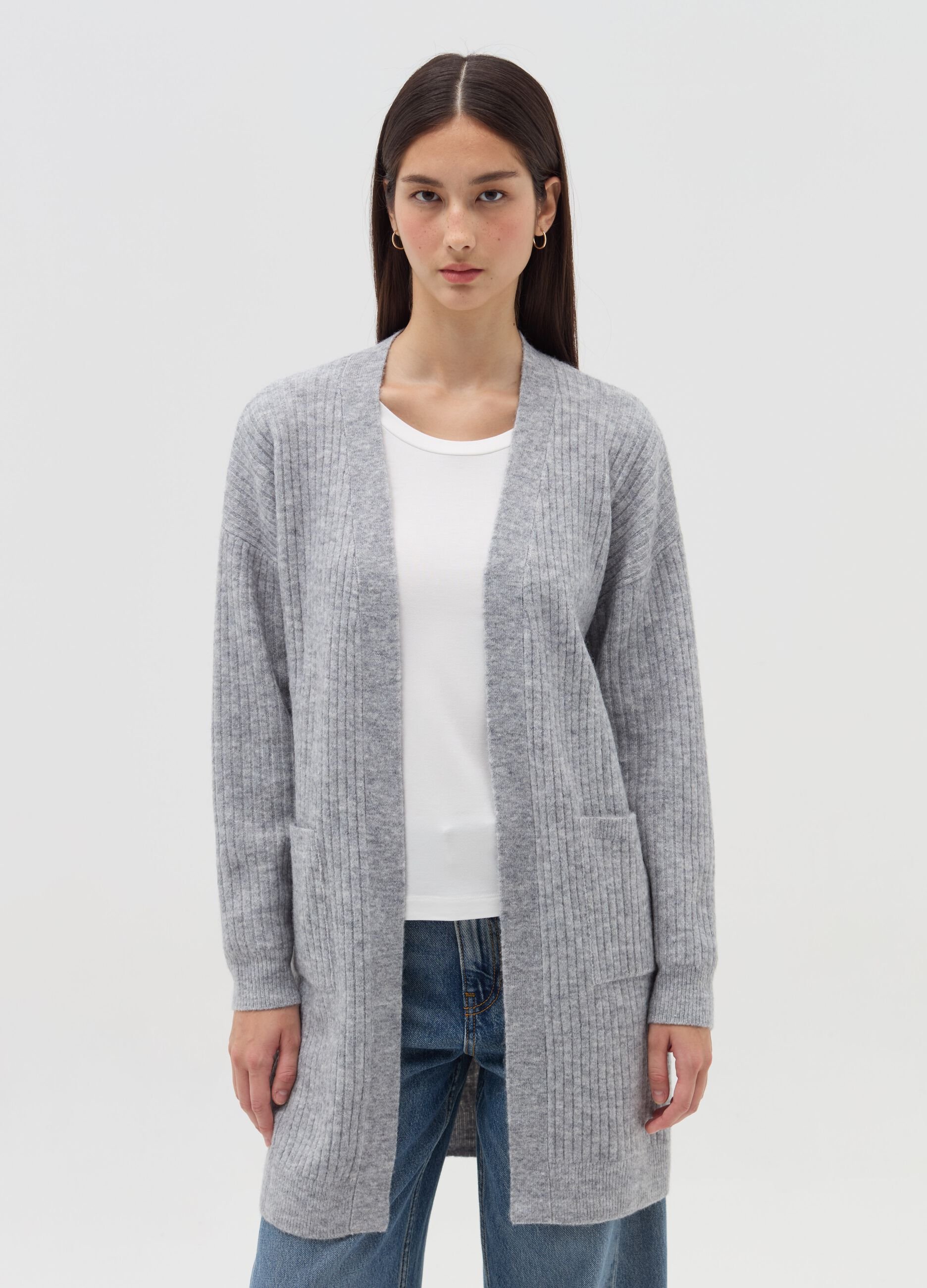 Long ribbed open cardigan