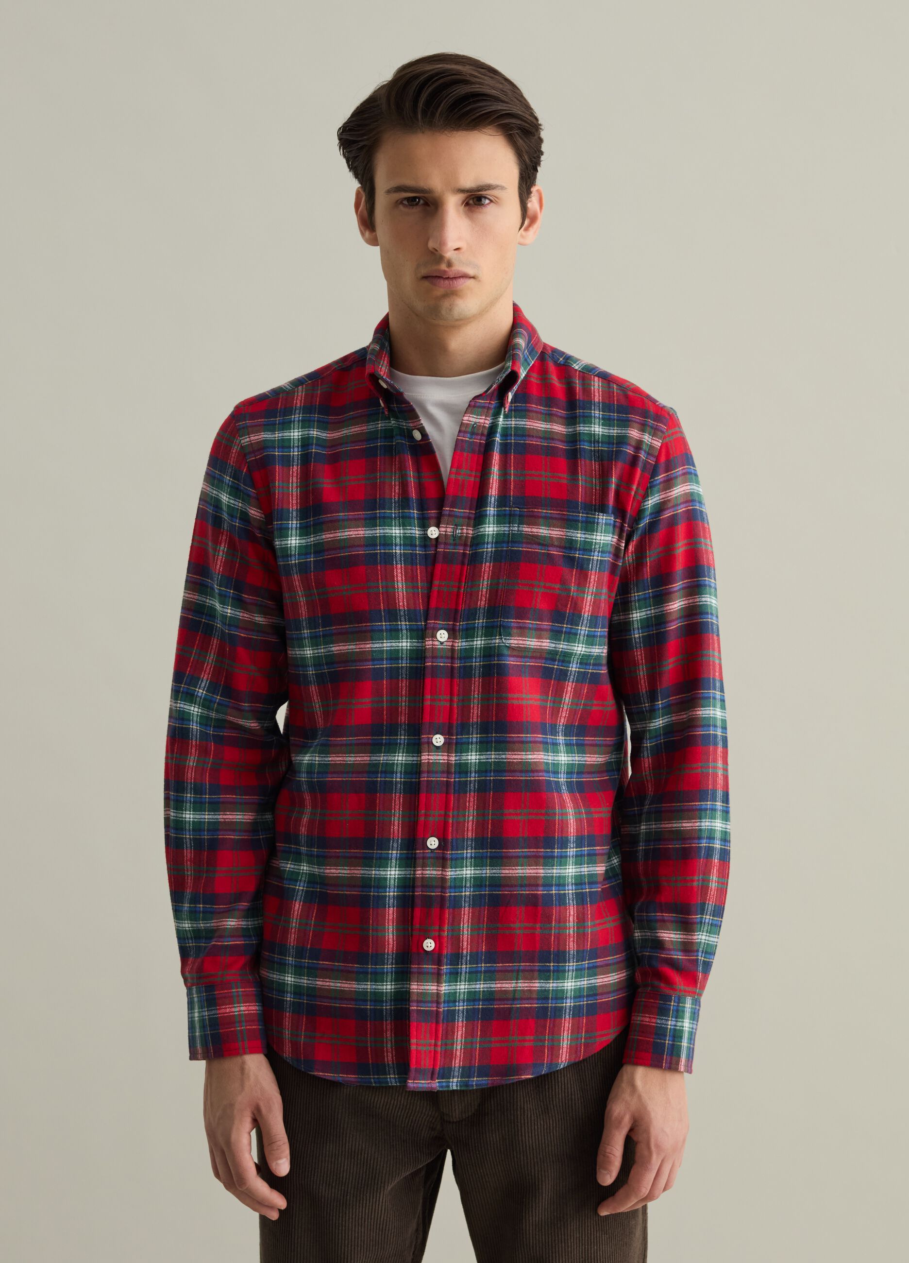 Flannel shirt with check pattern and button-down collar