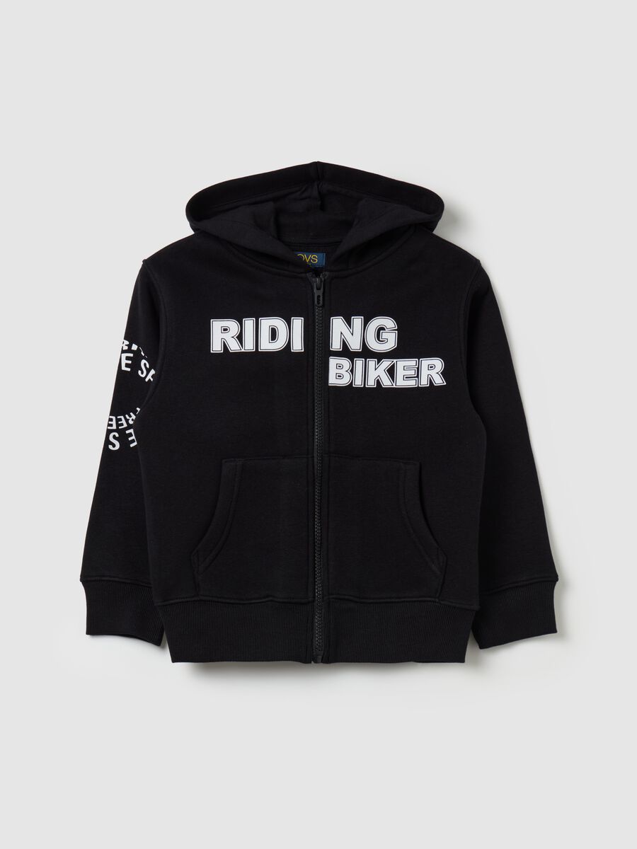 Full-zip sweatshirt with hood and "Riding Biker” print_0