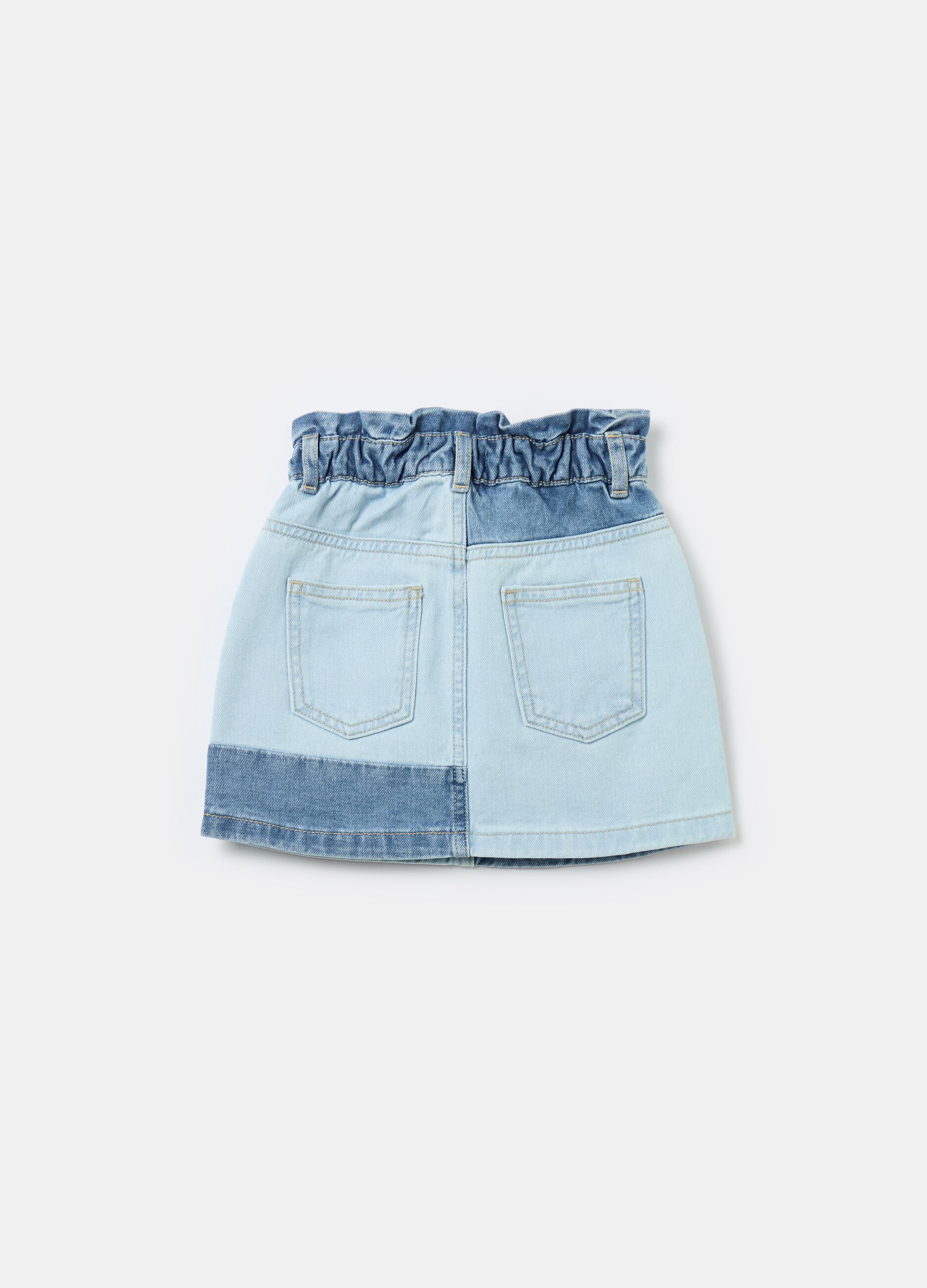 Short paper-bag shirt in patchwork denim