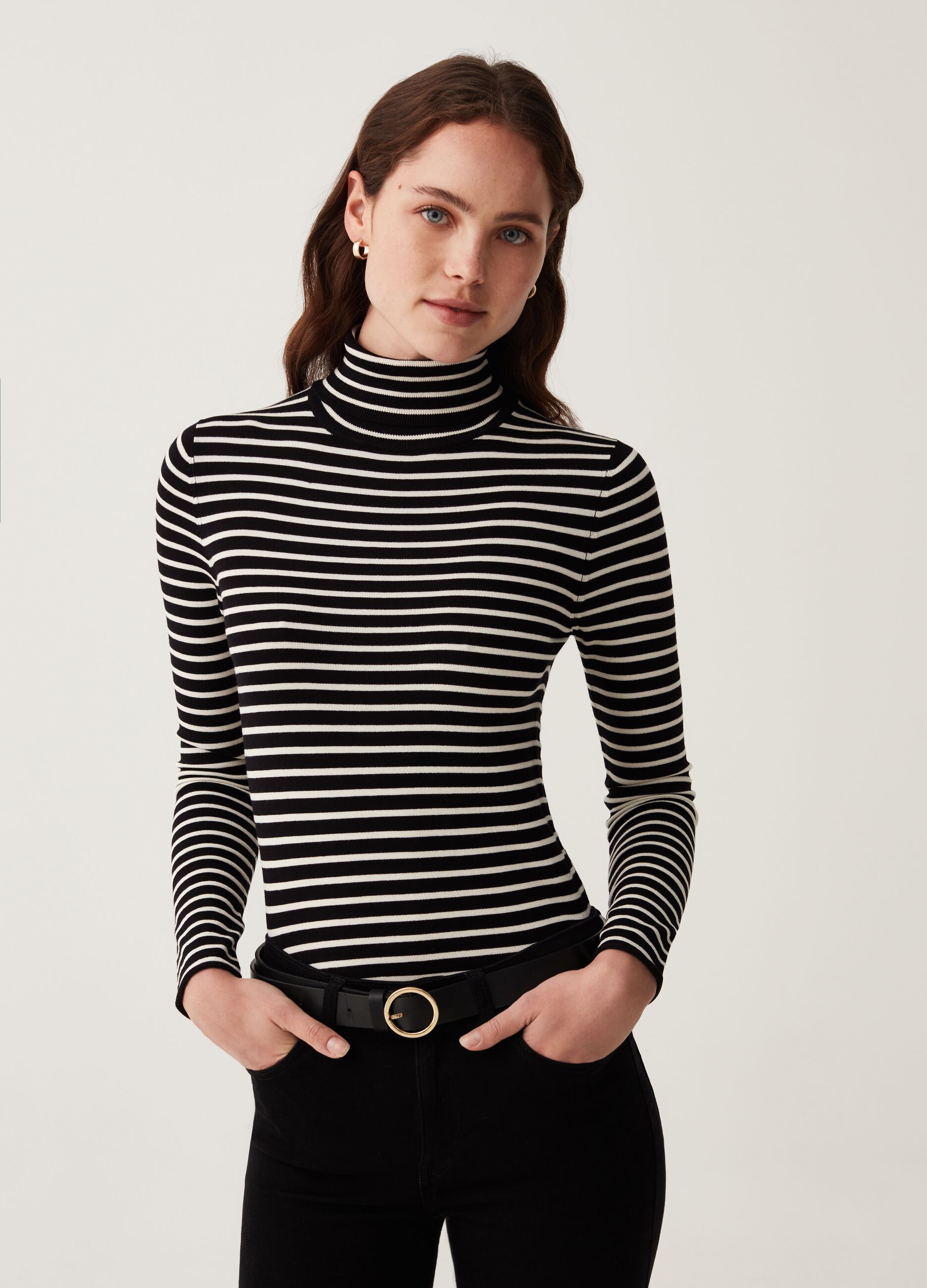 T-shirt with high neck and striped pattern