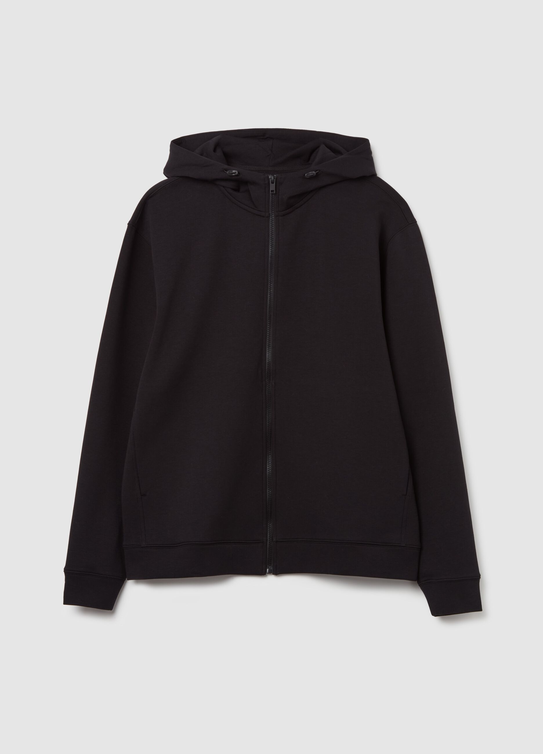 Full-zip fleece sweatshirt with hood and drawstring