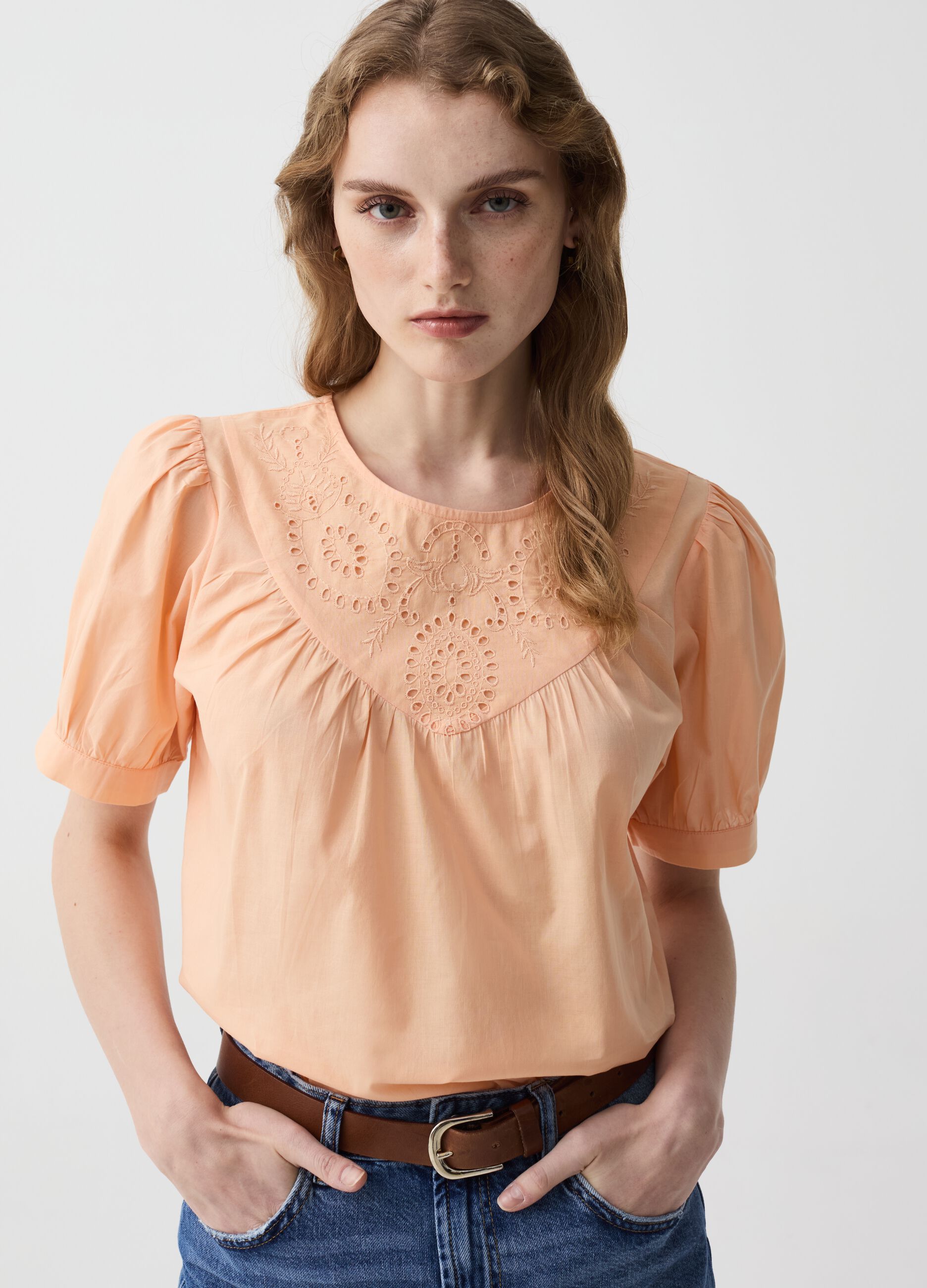 Cotton blouse with broderie anglaise insert