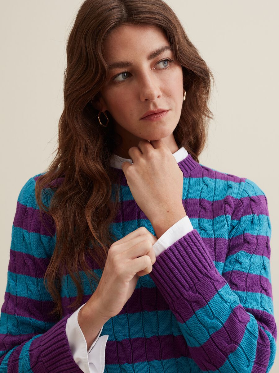 Striped pullover with cable-knit design_0