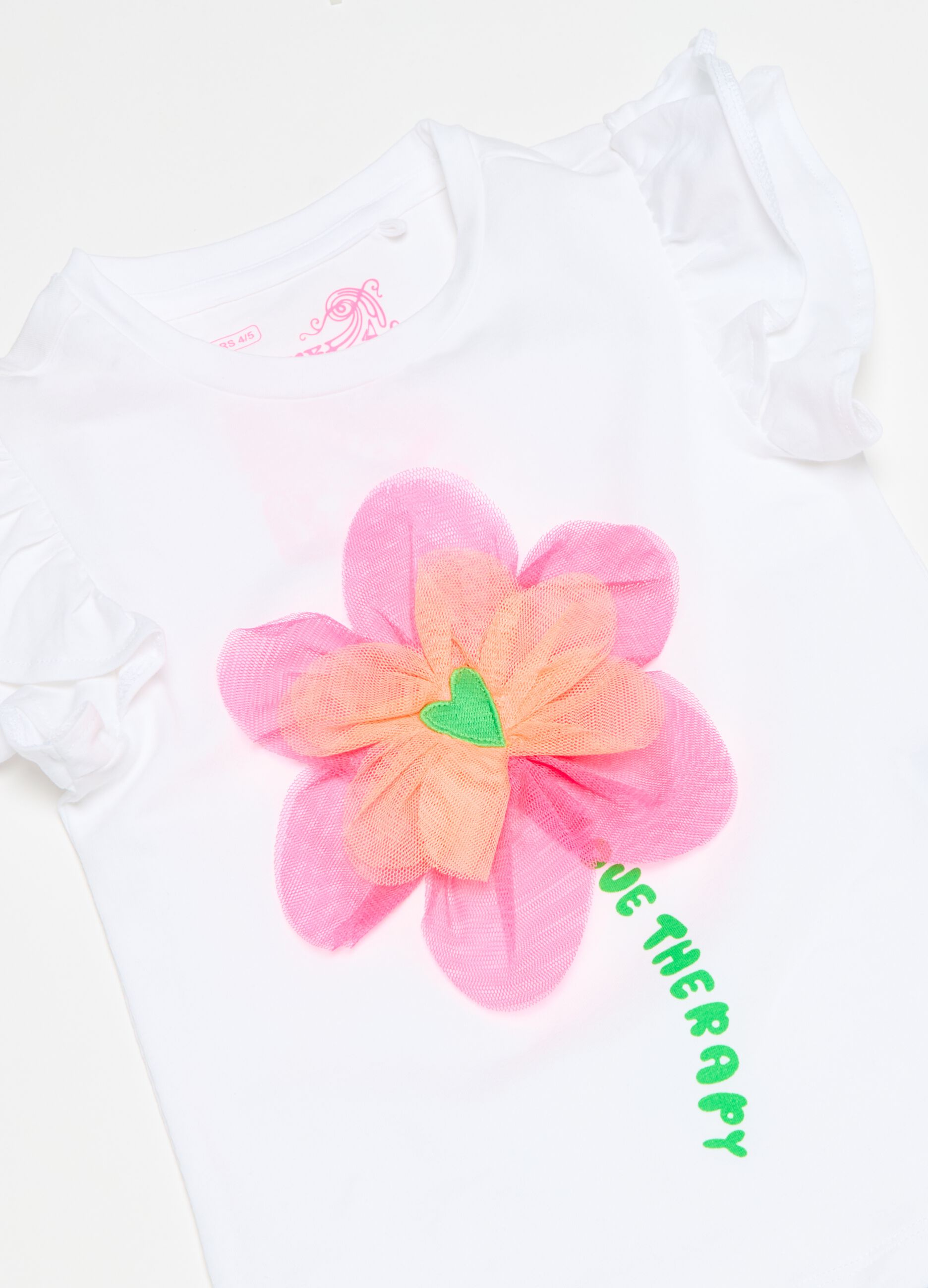 T-shirt con volant e fiore in tulle