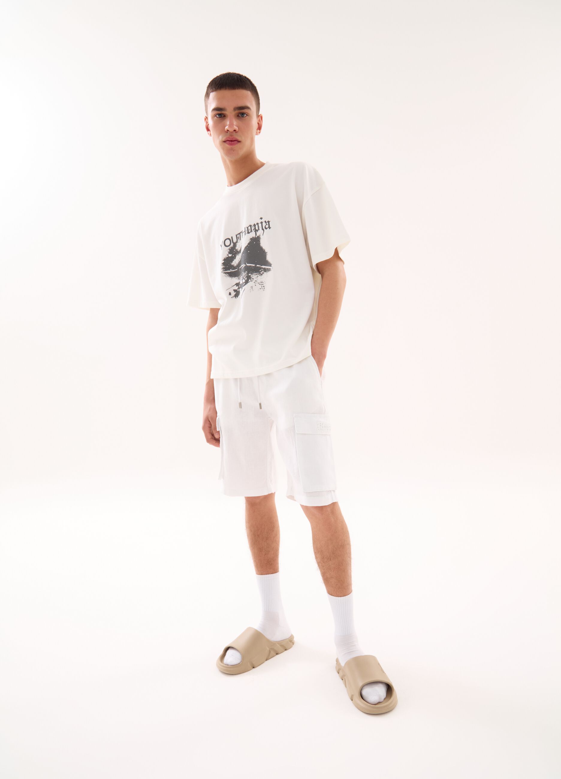 100% Linen Cargo Shorts White