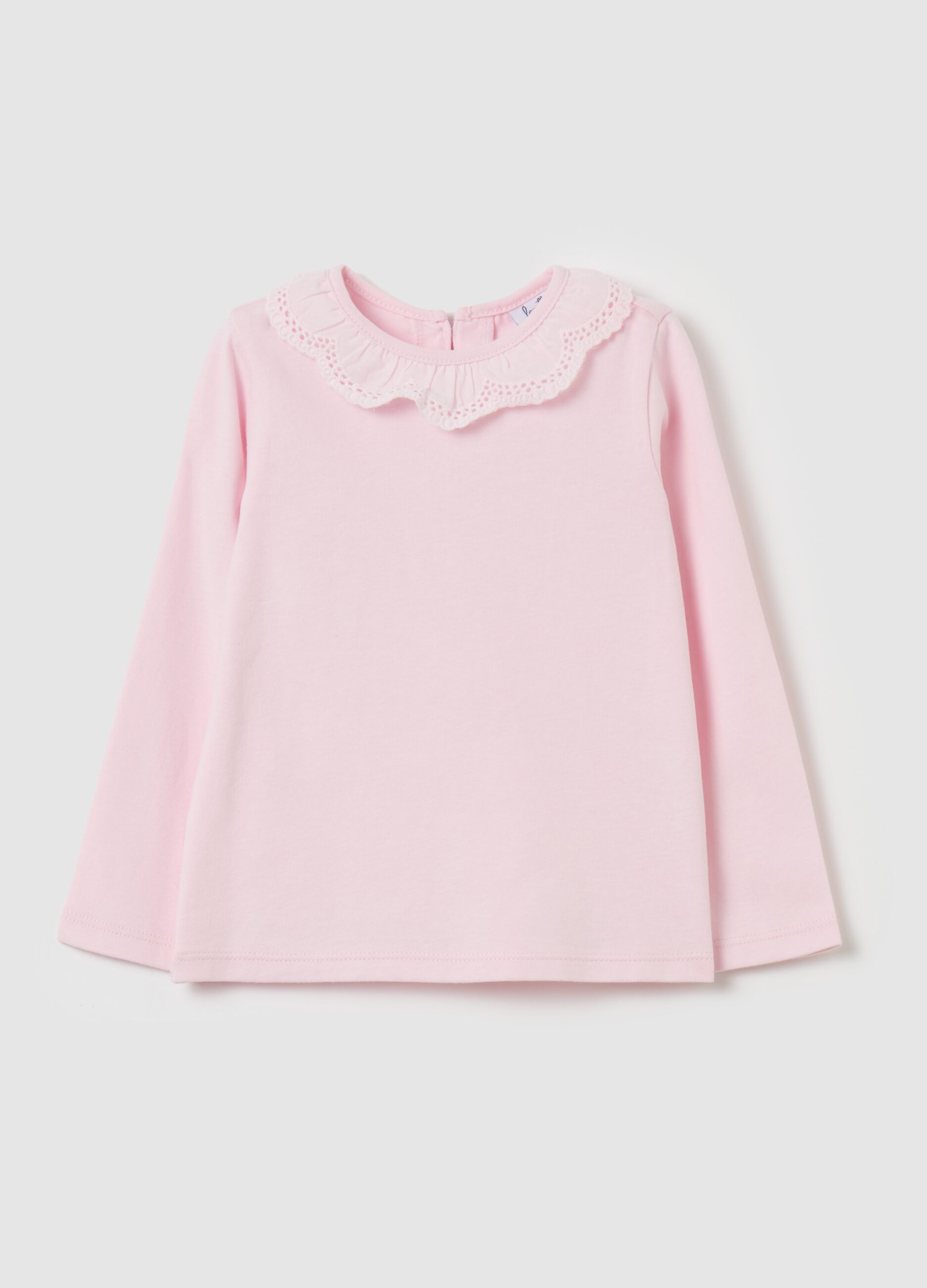 Long-sleeved T-shirt with broderie anglaise collar