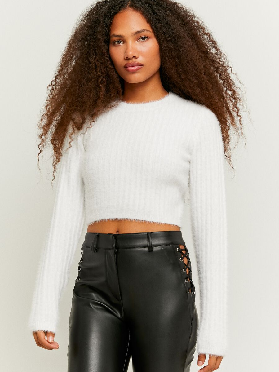 Cropped pullover in ribbed furry yarn_1