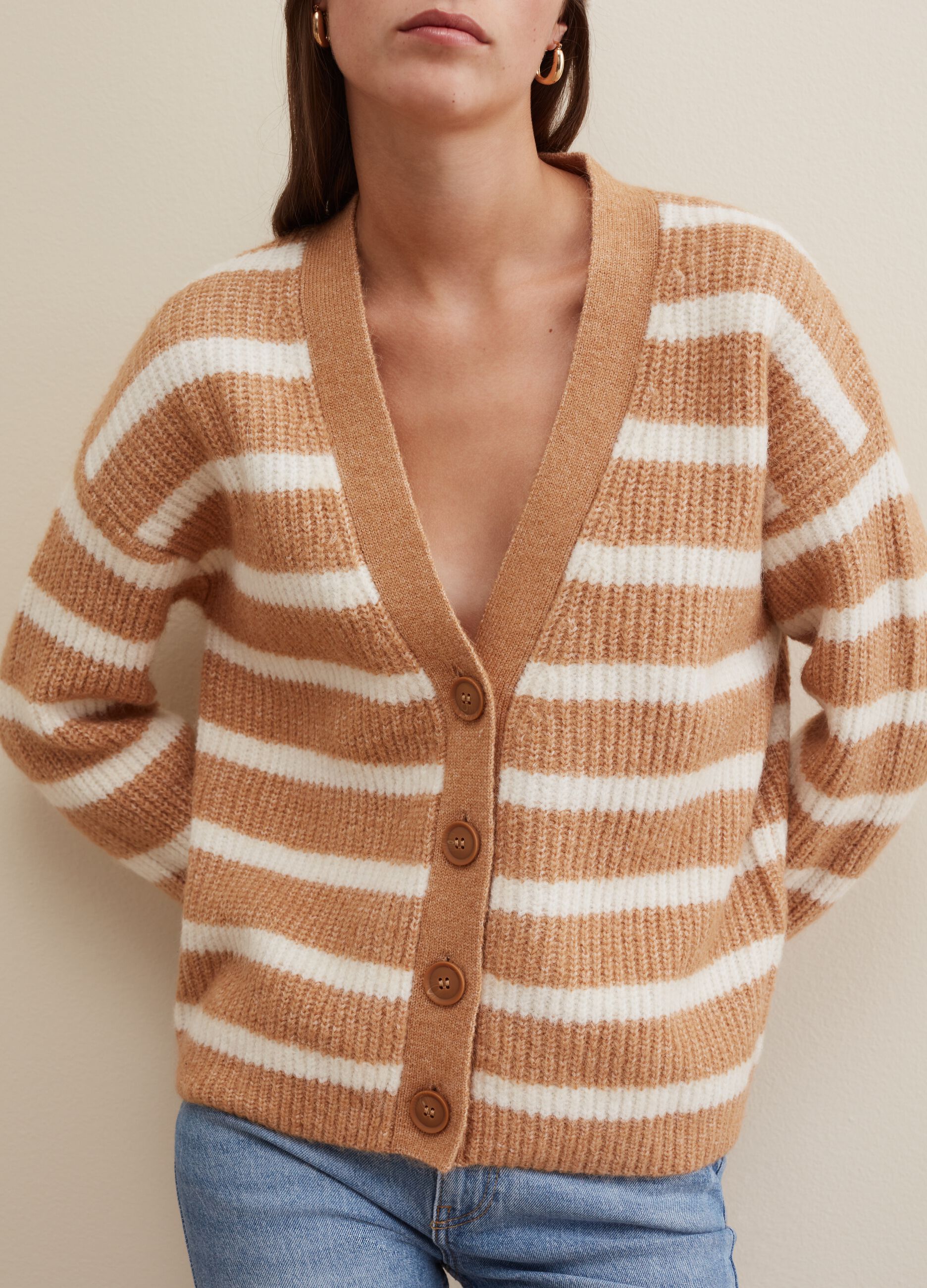 Flat-ribbed cardigan with striped pattern