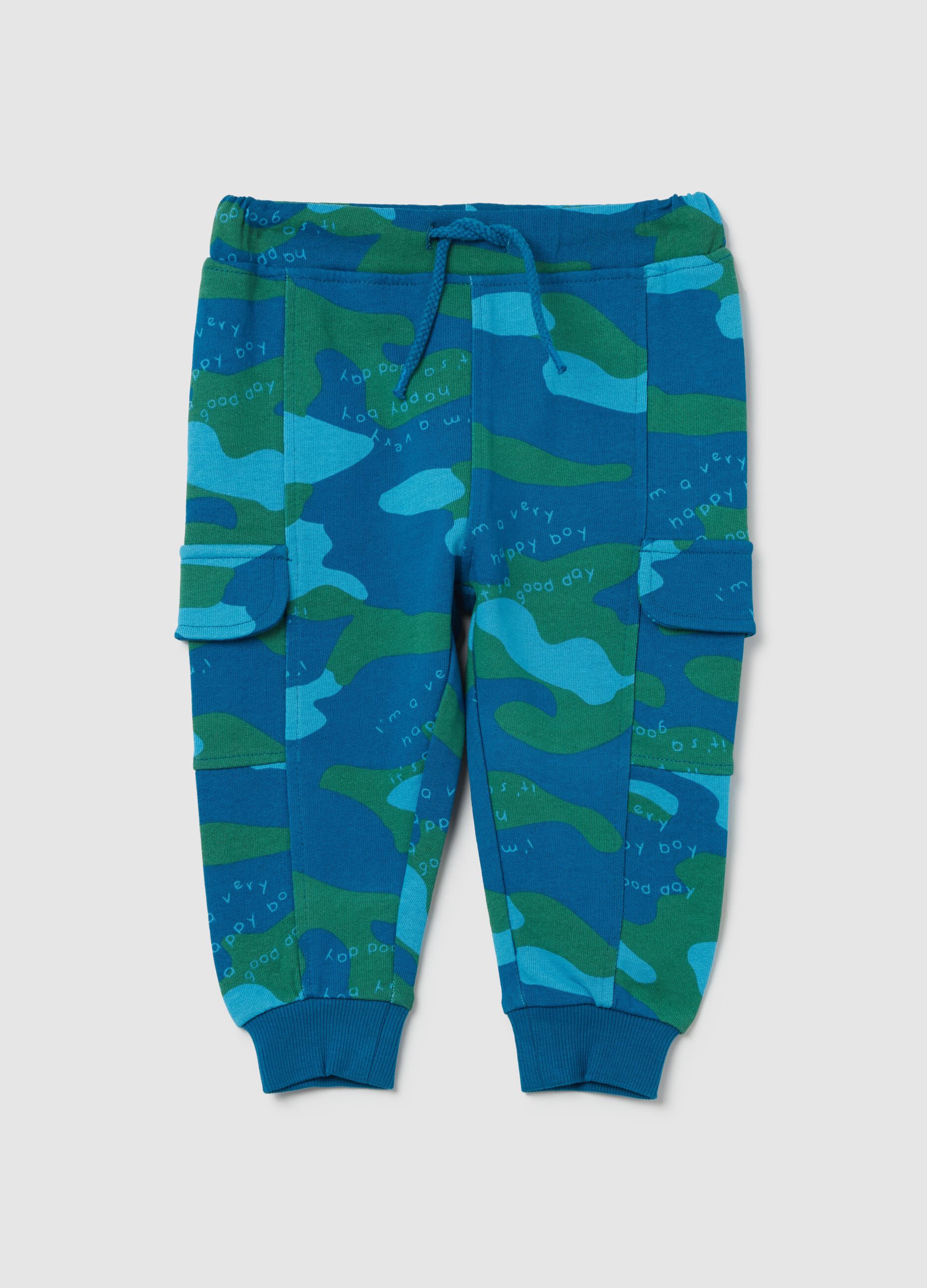 Camouflage joggers with drawstring and lettering