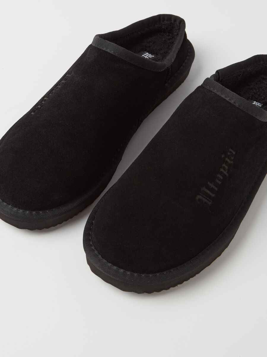 Suede Slippers with logo embroidery Black_1