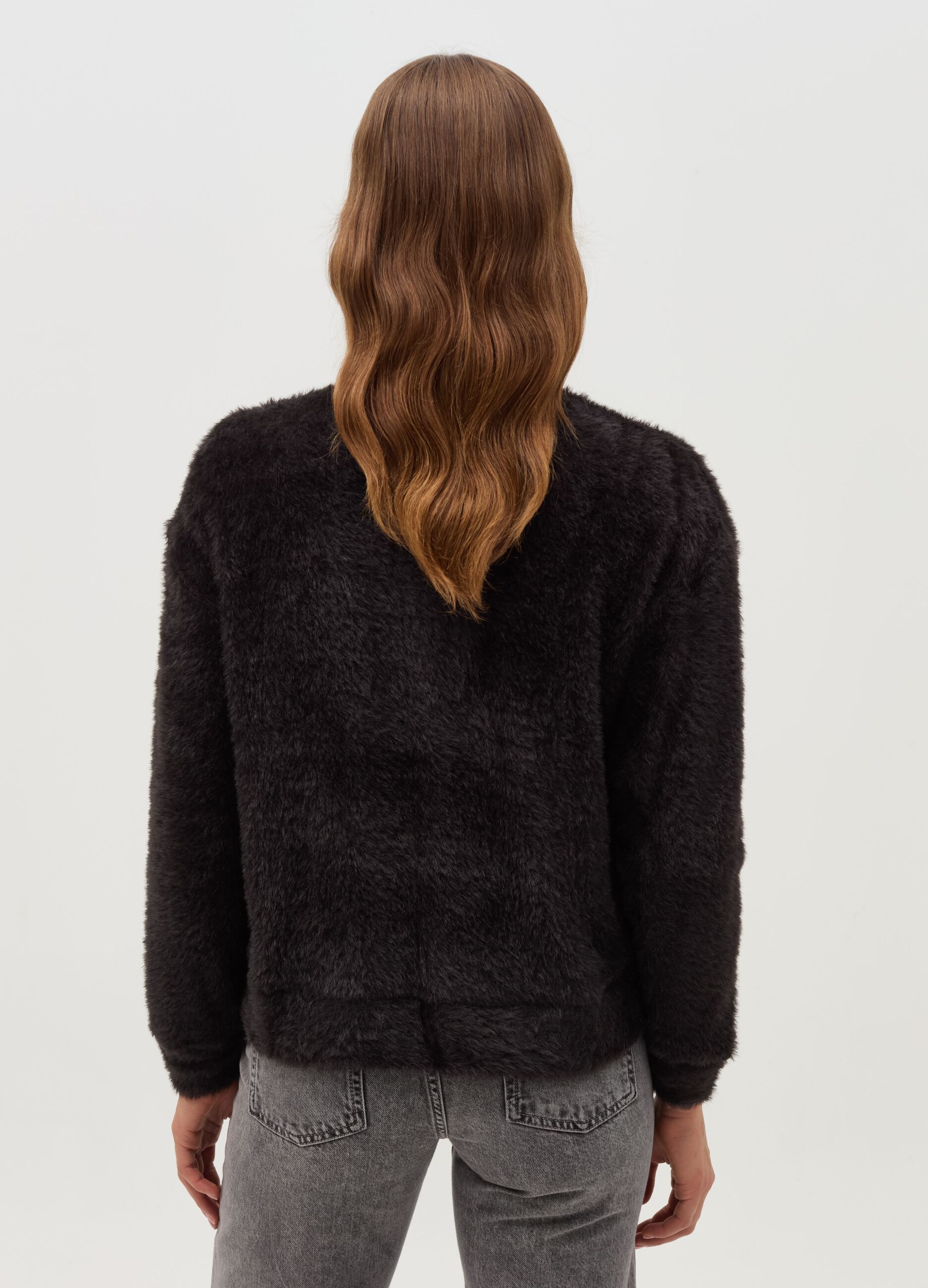 Open cardigan in furry yarn