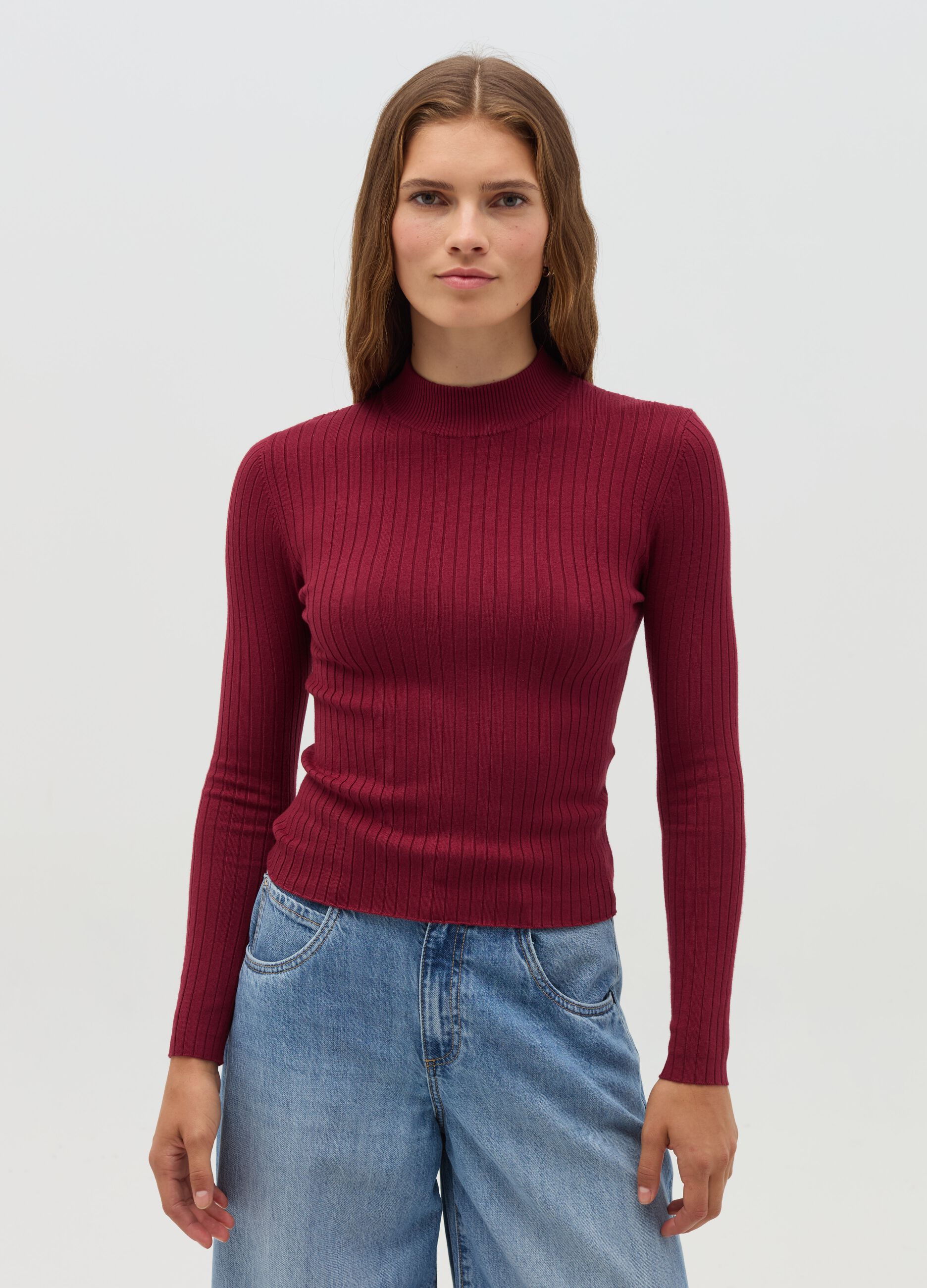 Ribbed knit pullover with mock neck