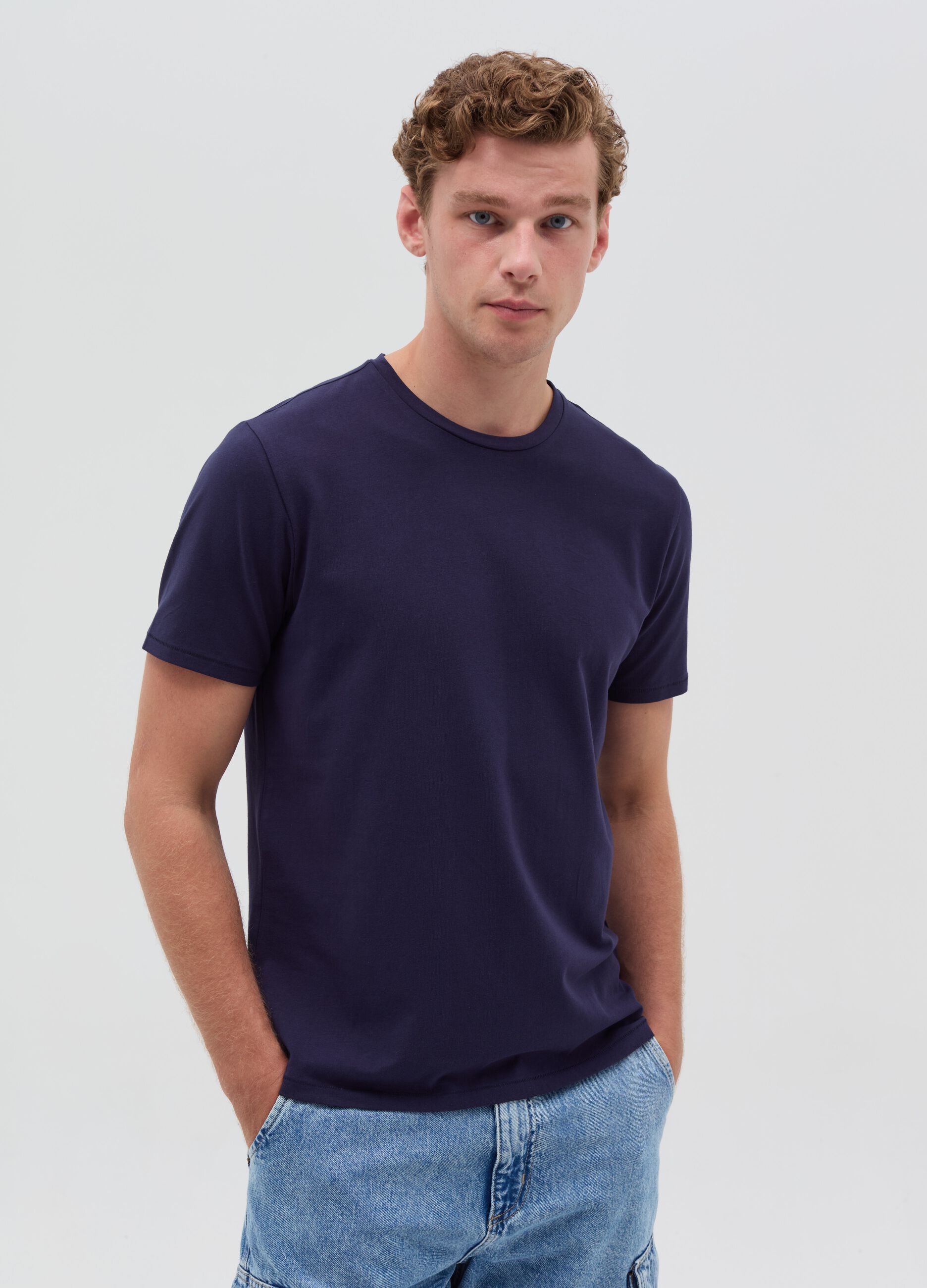 Stretch cotton T-shirt with crew-neck