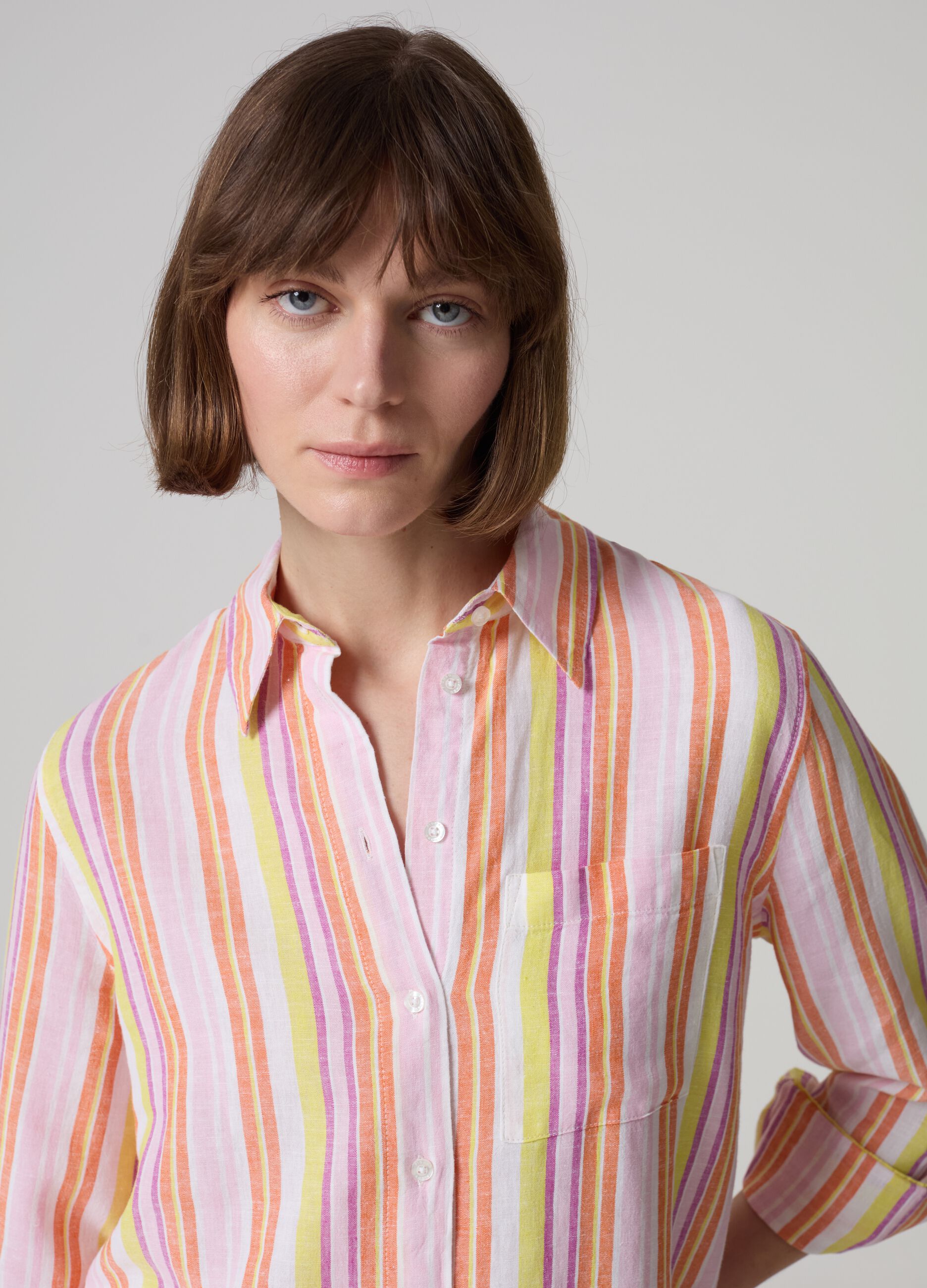 Linen and viscose shirt with multicoloured stripes