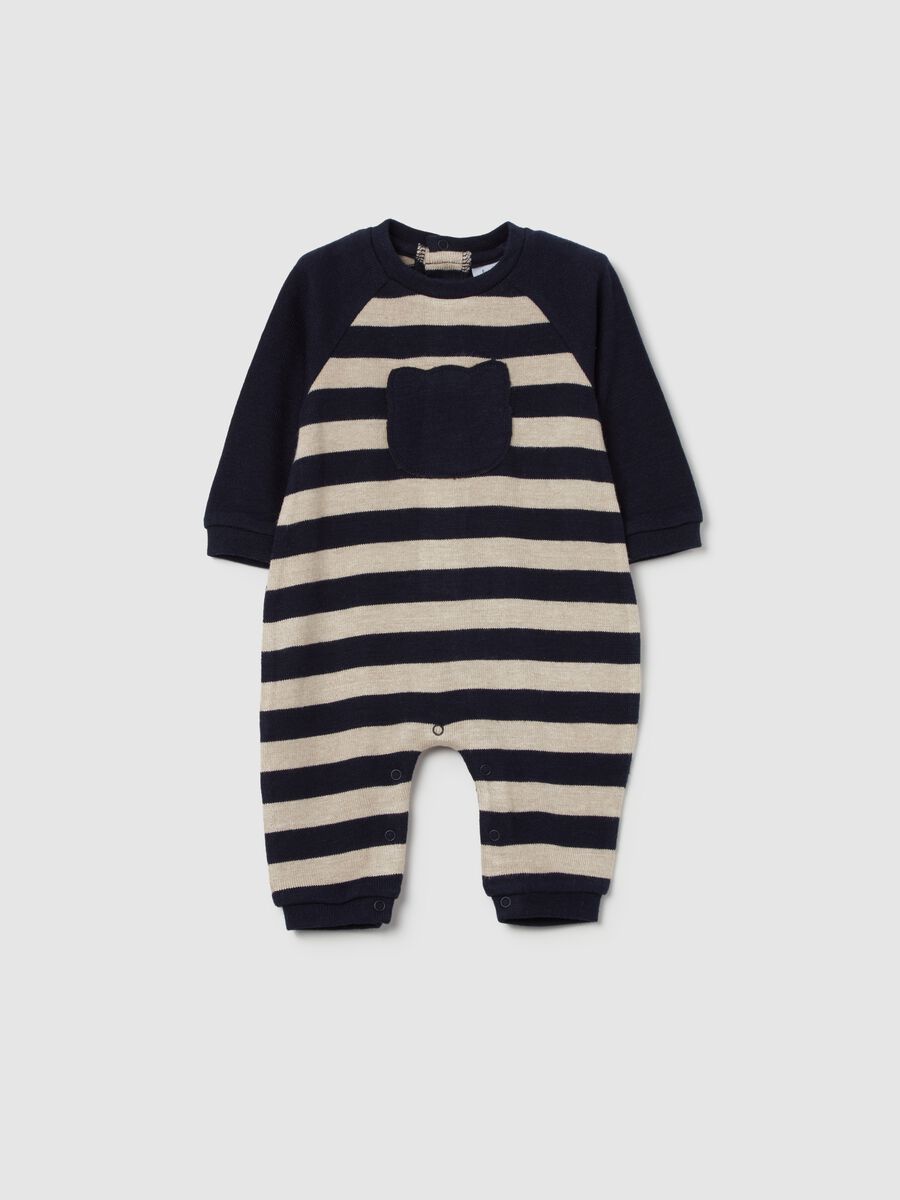 Striped knit onesie with teddy bear_0