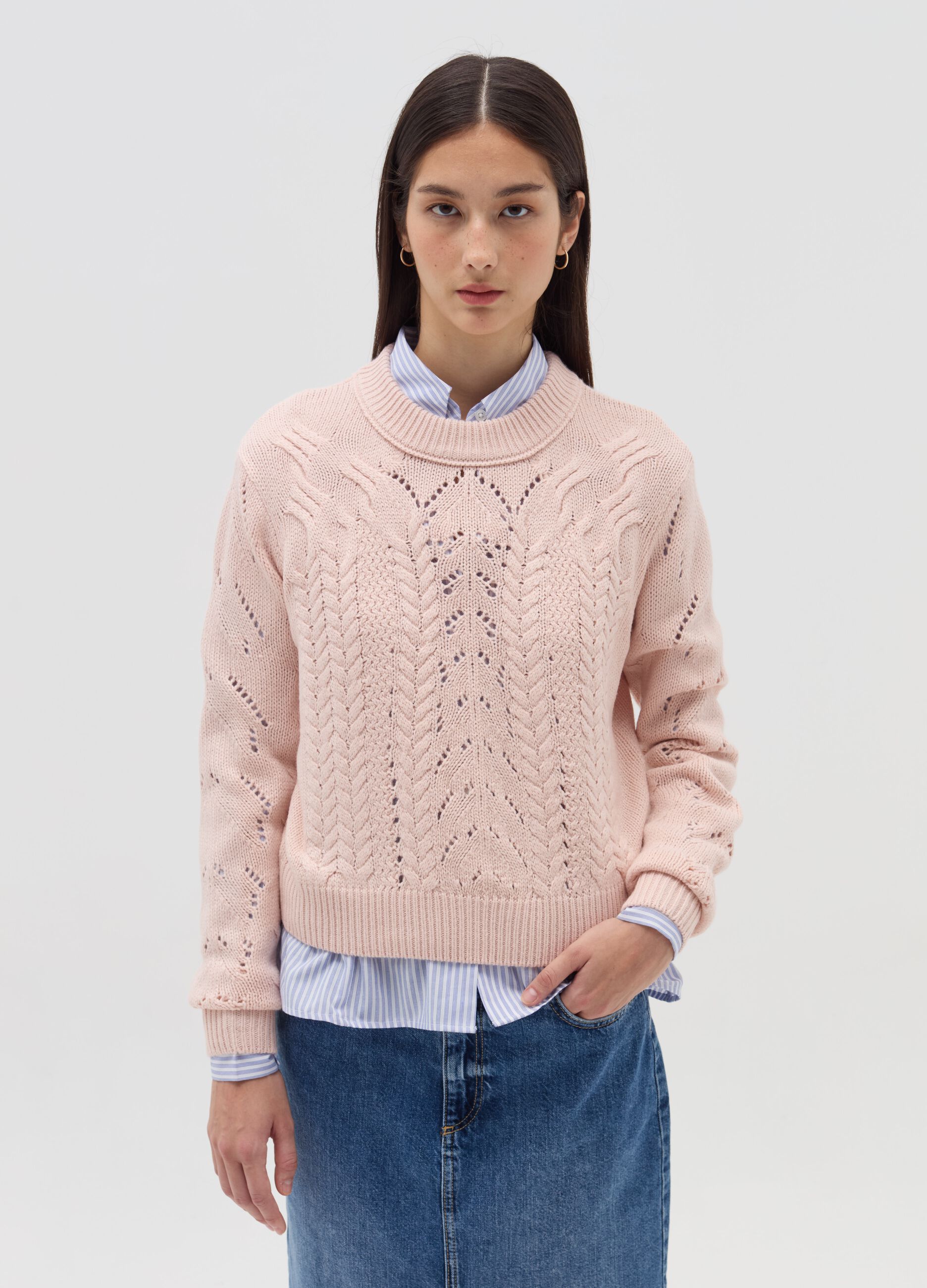 Cropped pointelle pullover with cable-knit design