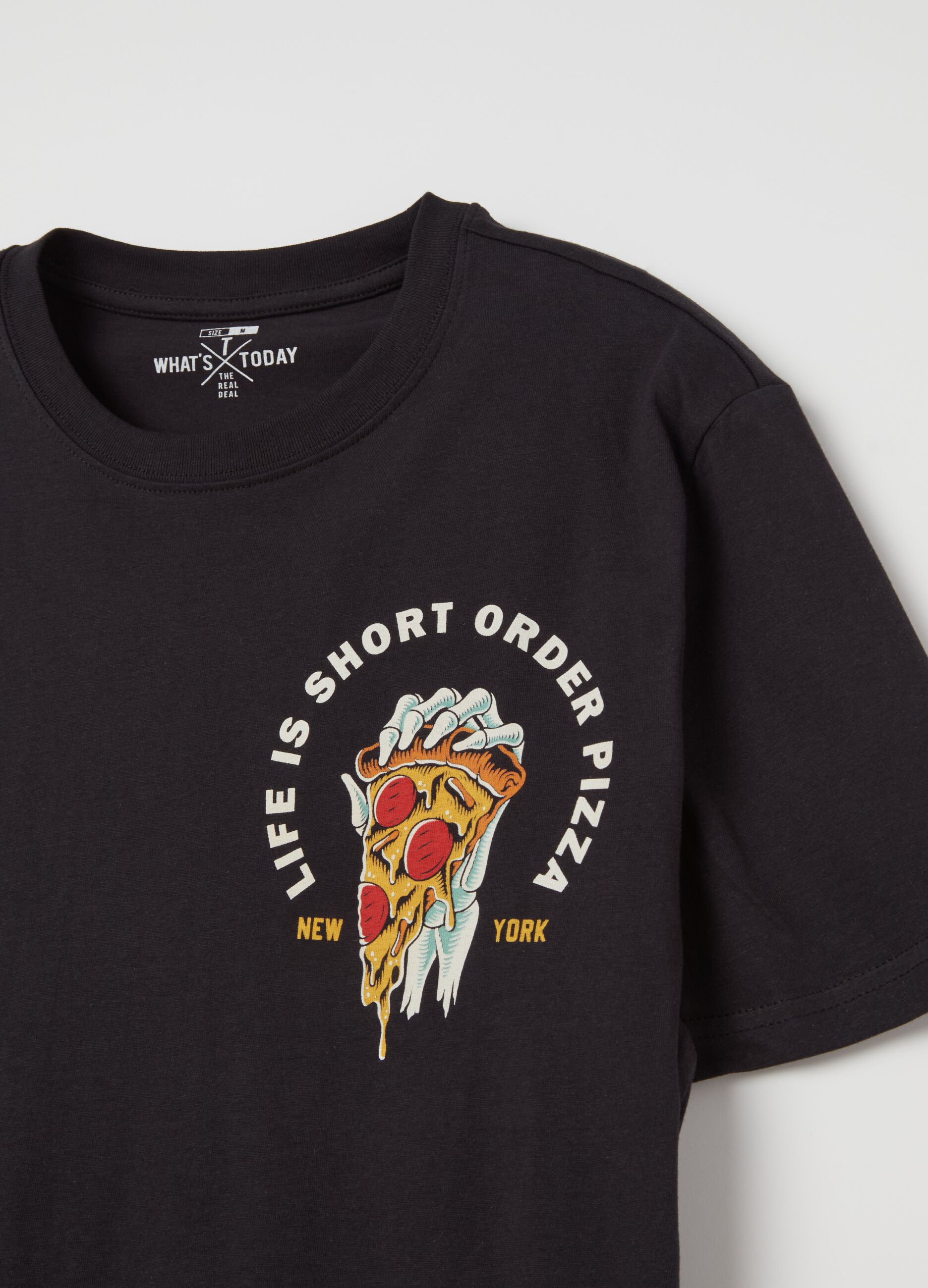 T-shirt with “Life is Short Order Pizza” print