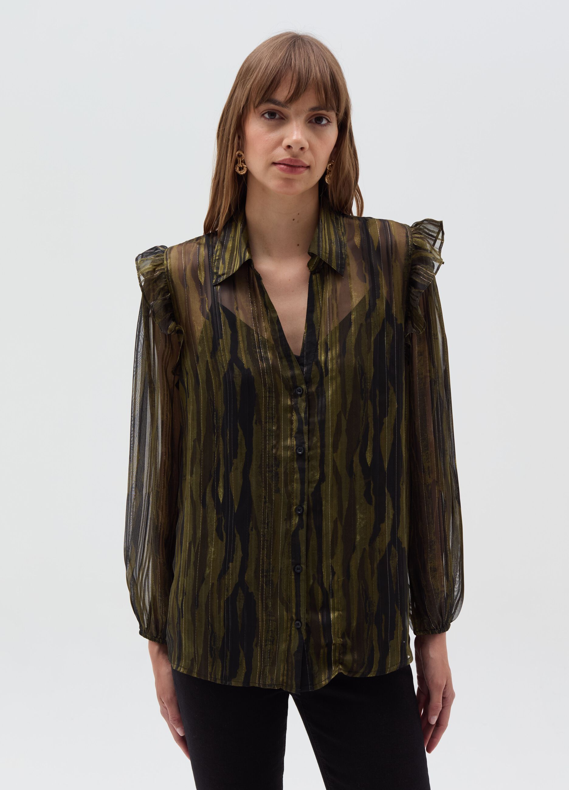 Semi-sheer camouflage blouse with lurex