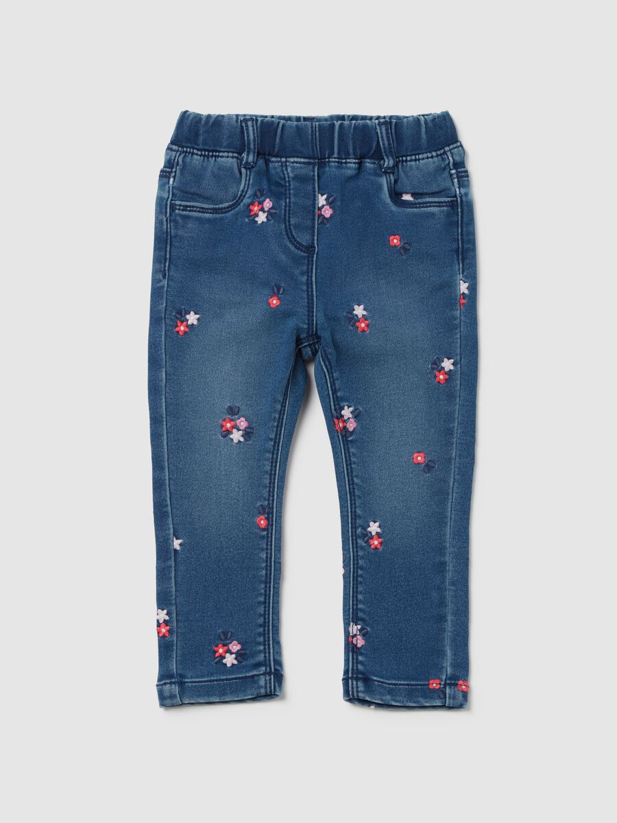 Denim leggings with small flowers embroidery_0